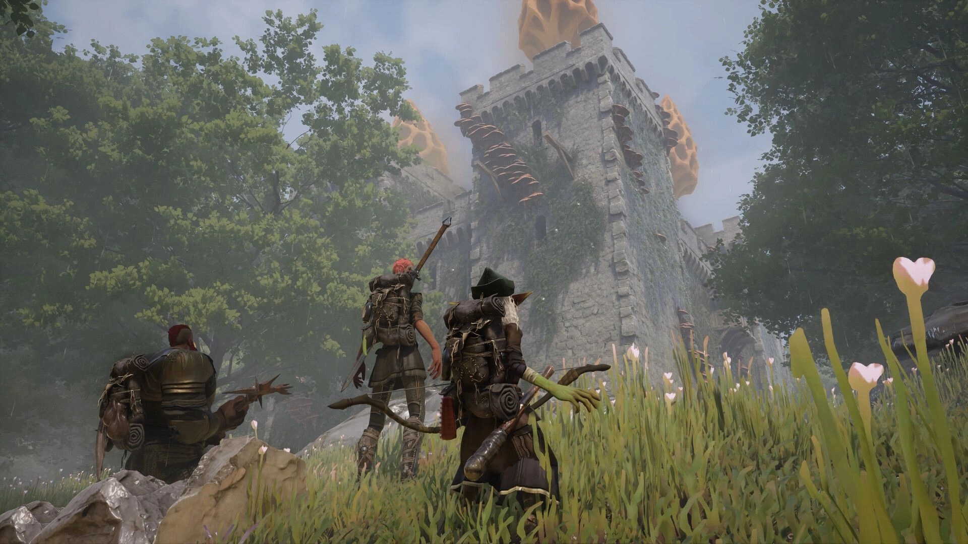 Wyldheart: Three adventurers approach a vine-covered stone tower ruin in a misty forest clearing.