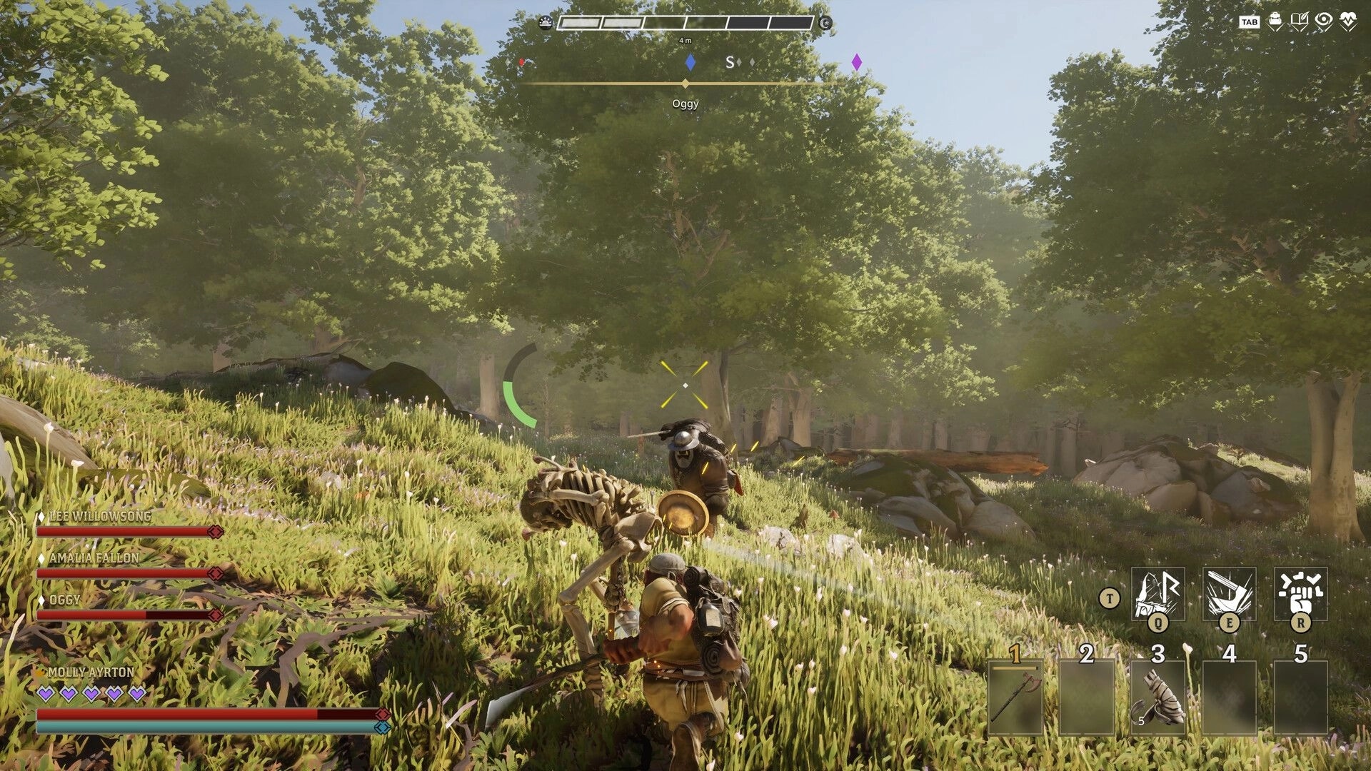 Wyldheart: Co-op party aiming weapons at a skeleton enemy in a sunny forest clearing with HUD.