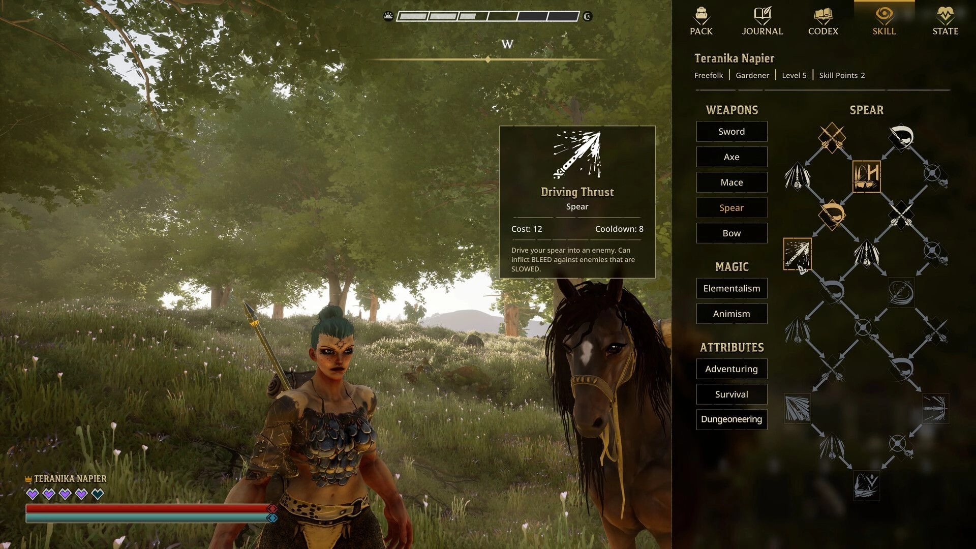 Wyldheart: Teranika Napier opens spear skill tree beside her horse in a sunlit forest clearing.
