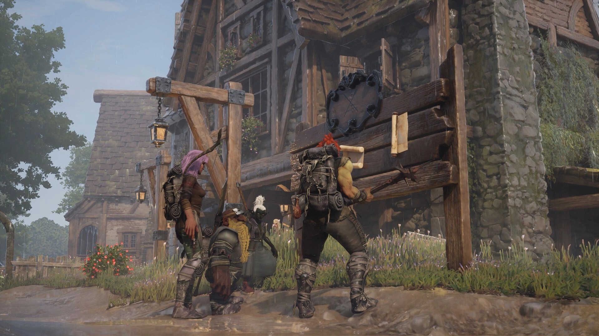 Wyldheart: Four adventurers examine a wooden notice board outside a rustic stone-and-timber inn.