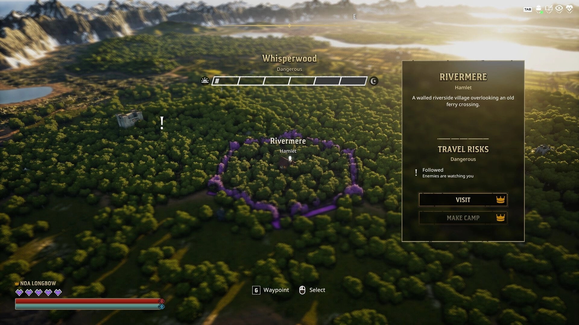 Wyldheart: World map selecting Rivermere hamlet with Visit button over dense forest region Whisperwood.