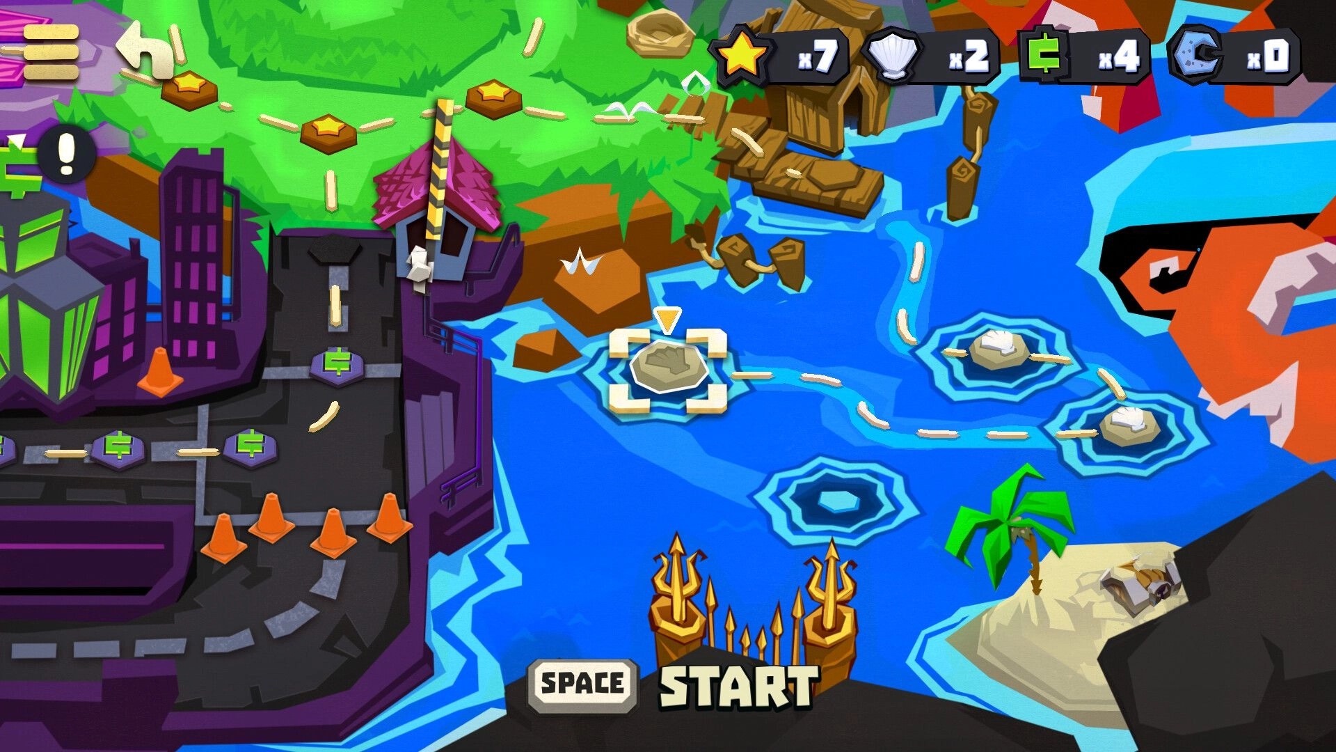 WyrmWorm: Level map with dotted path over islands and city, START button and currency counters HUD.