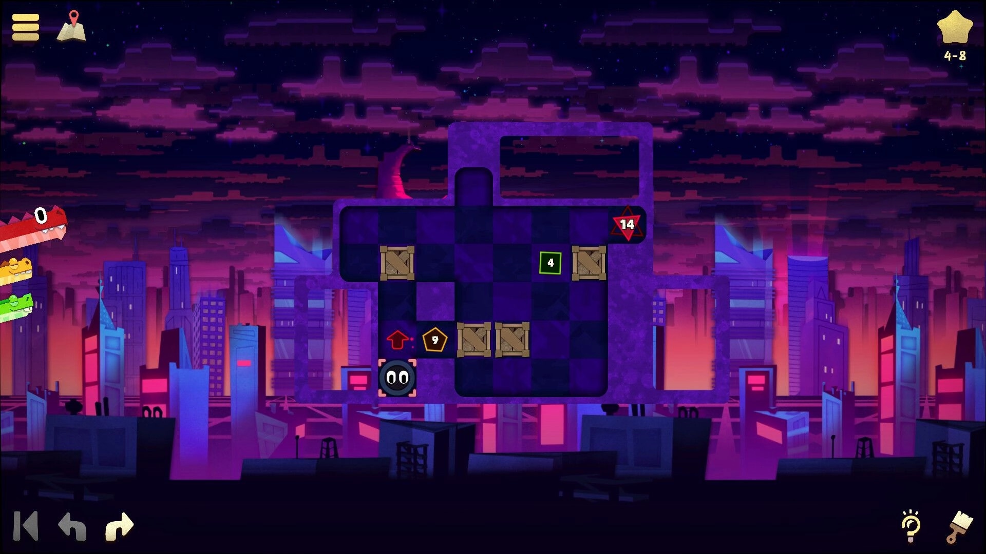 WyrmWorm: Grid puzzle with crates and numbered tiles, level 4-8 UI over neon city skyline at dusk.