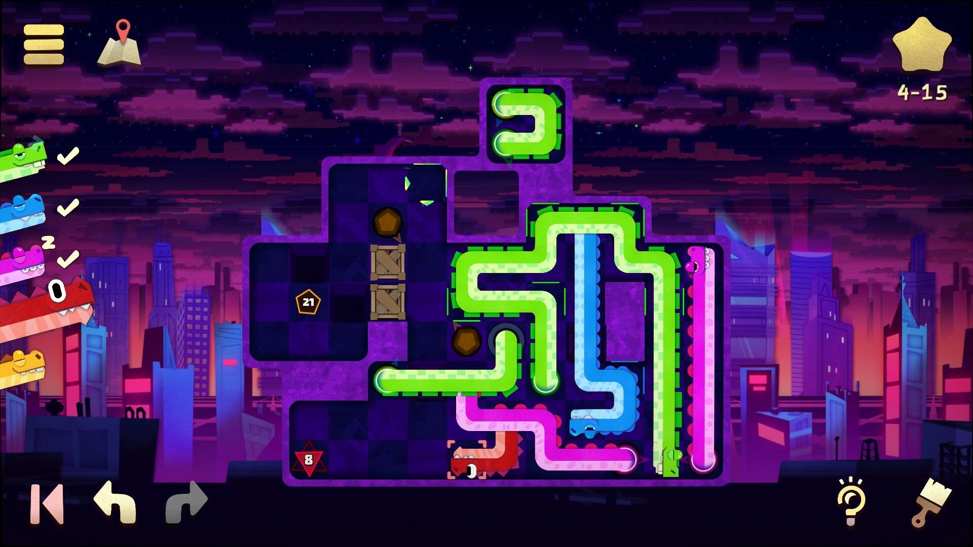 WyrmWorm: Neon worms weave through a grid puzzle with crates and goals, over a futuristic city skyline.