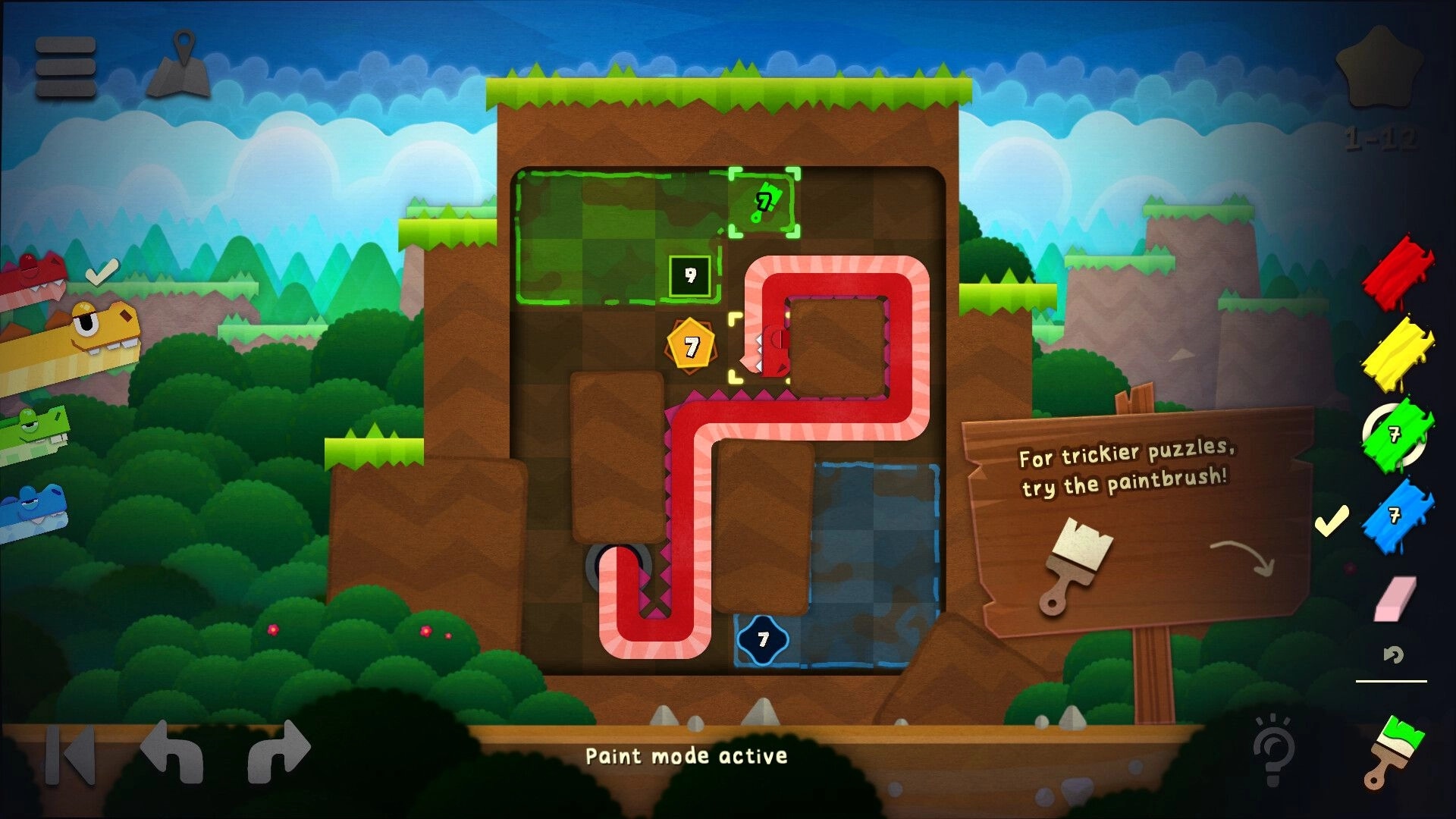WyrmWorm: Red worm path painted through grid puzzle, paint mode active, forest cliff backdrop UI.