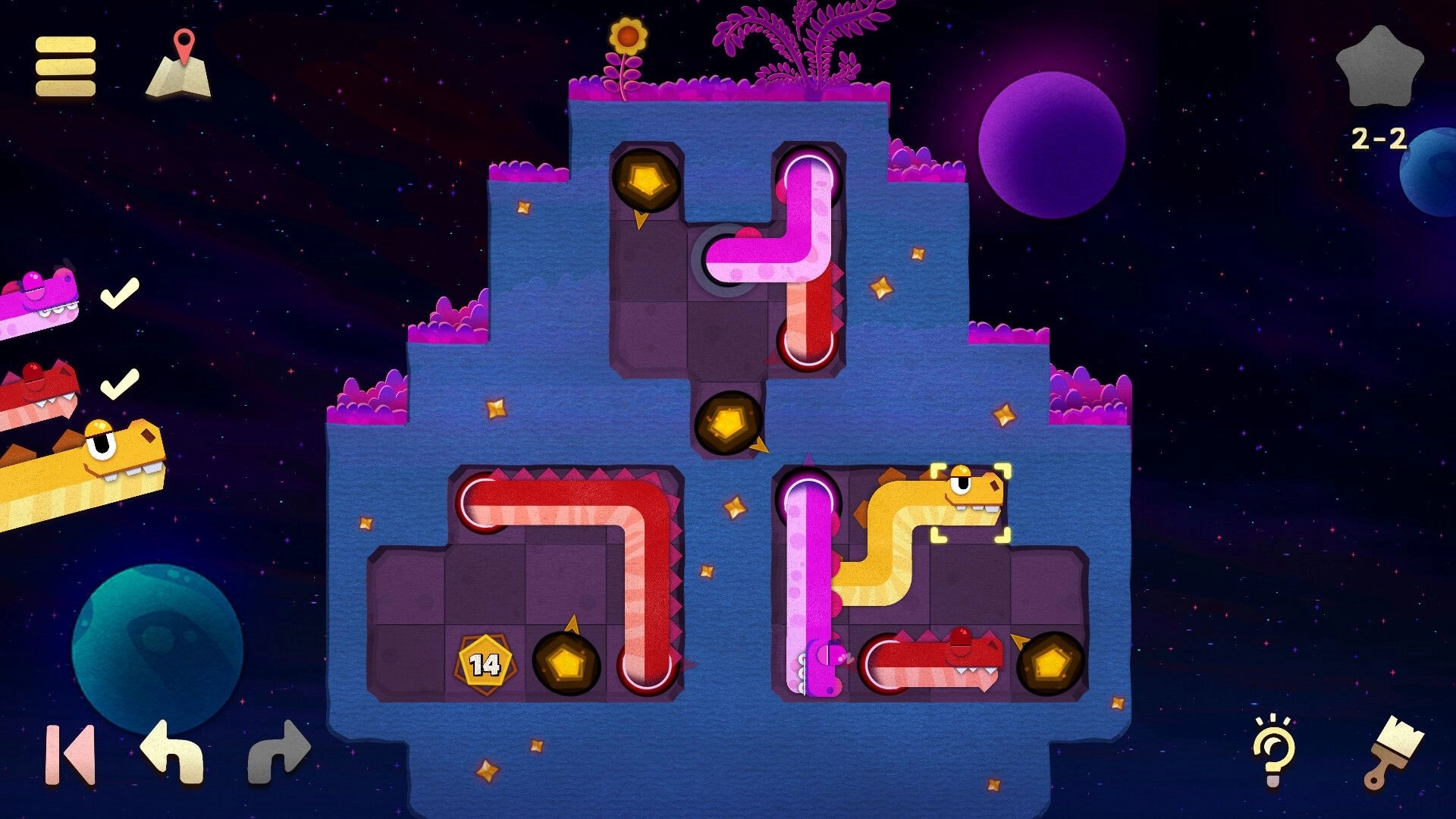 WyrmWorm: Colorful worms routed through grid tunnels with gems and spikes on a space island level 2-2.
