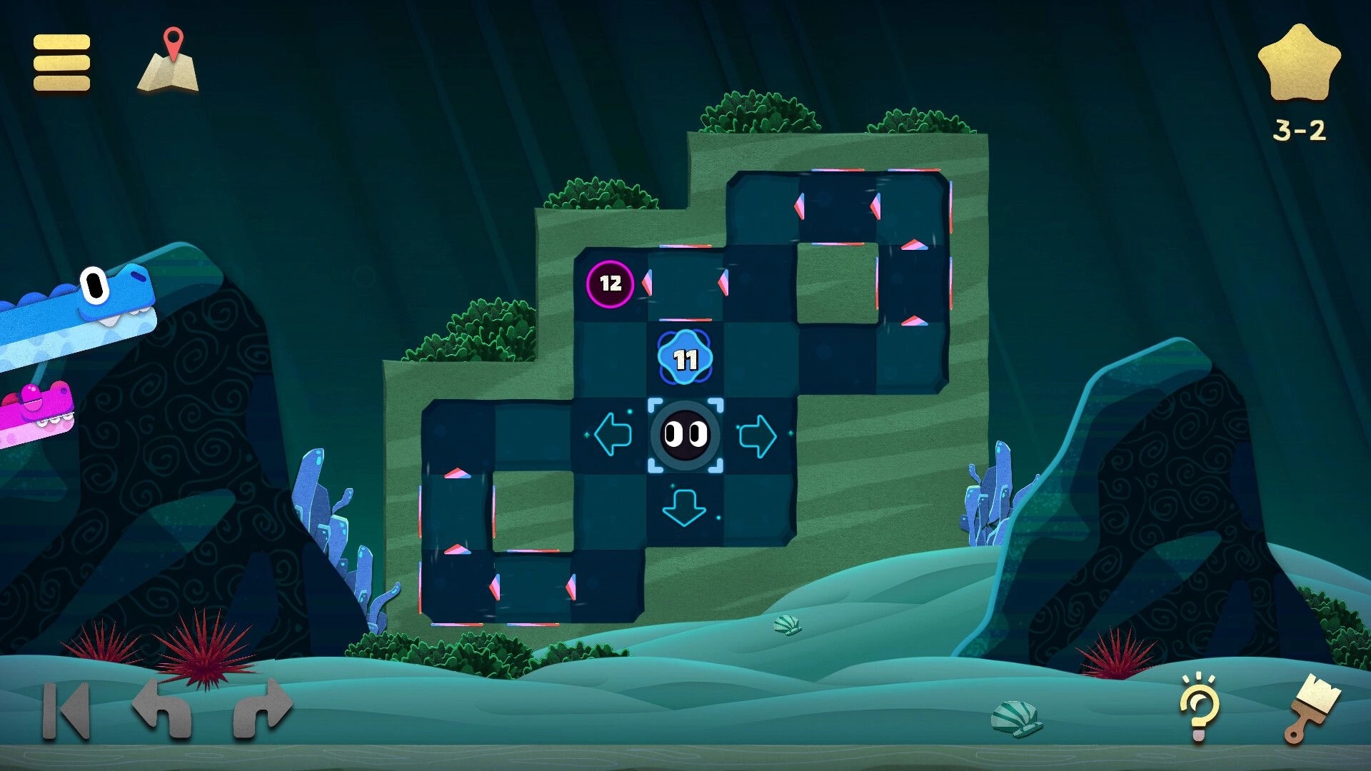 WyrmWorm: Move arrows guide a worm icon through a dark tile maze in an underwater level 3-2 grid.