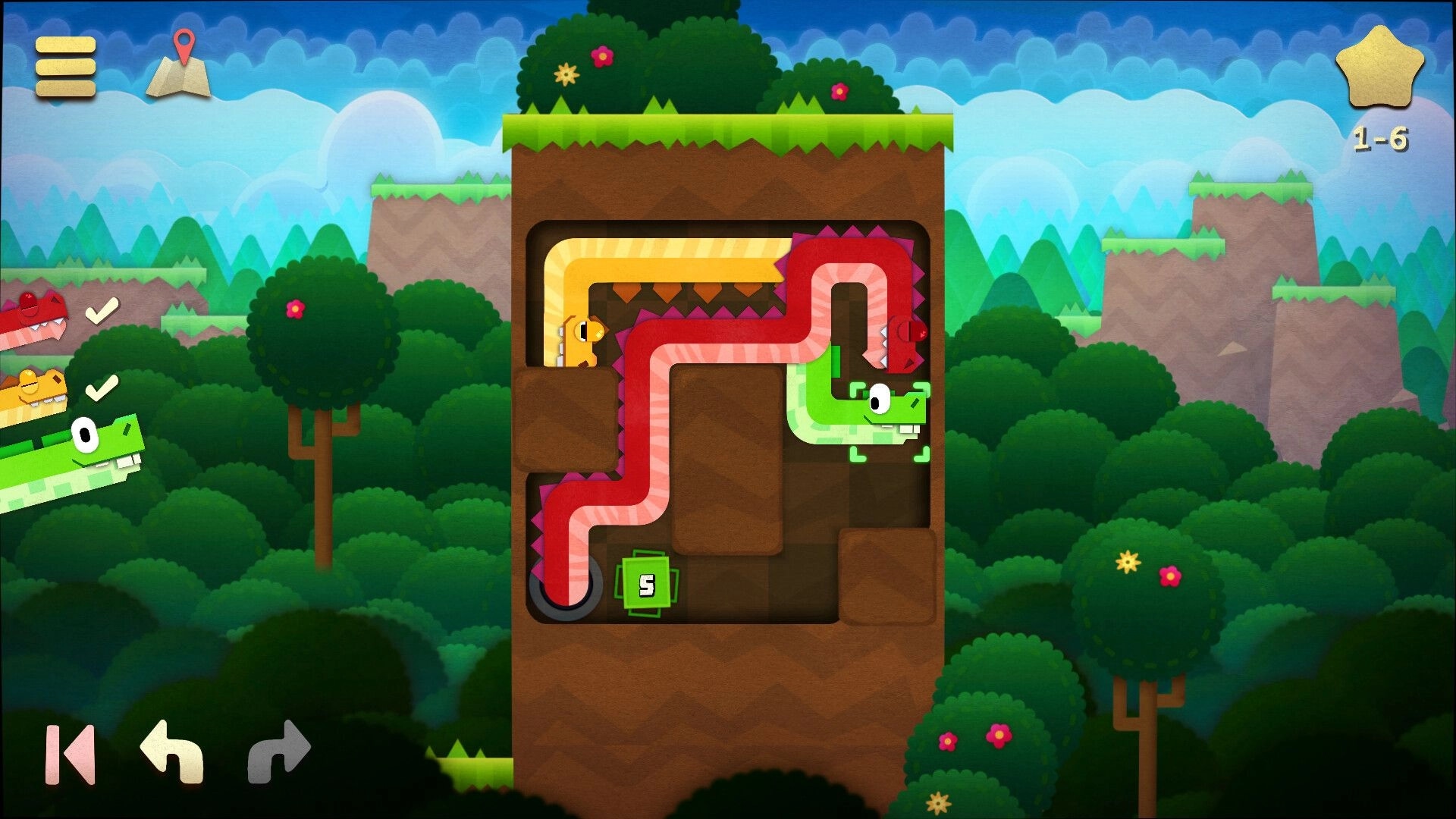 WyrmWorm: Red worm path drawn through a block maze toward a green worm, forest level 1-6 UI.