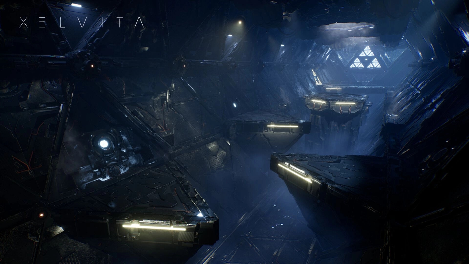 XELVITA: Floating metal platforms over a deep sci-fi shaft, XELVITA logo in upper left.