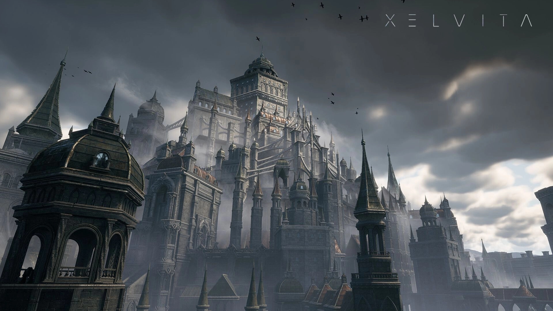 XELVITA: Distant view of towering gothic sci-fi fortress under storm clouds, XELVITA logo top right.