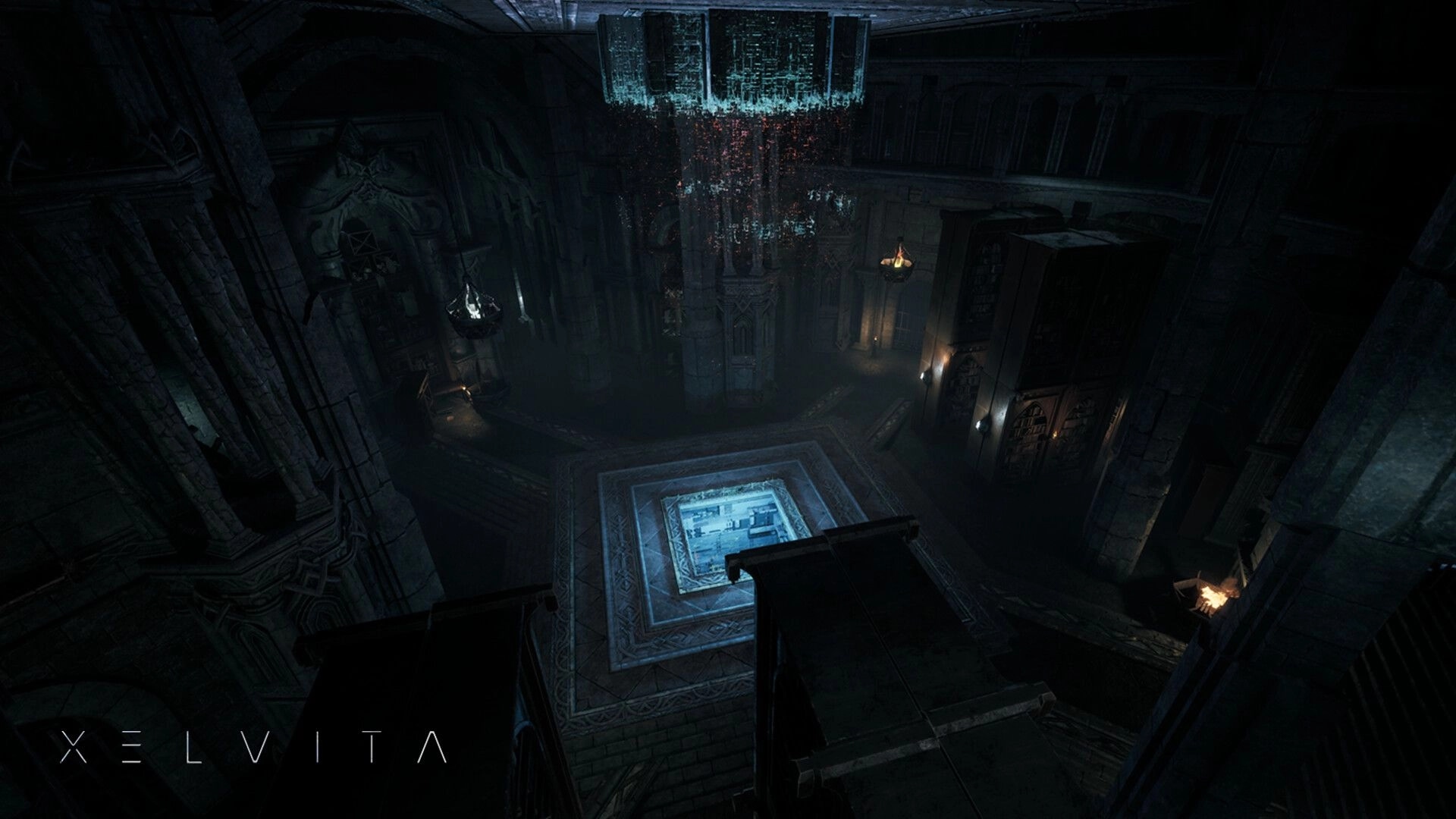 XELVITA: Overhead view of dark cathedral-like chamber with glowing floor panel and hanging hologram display.
