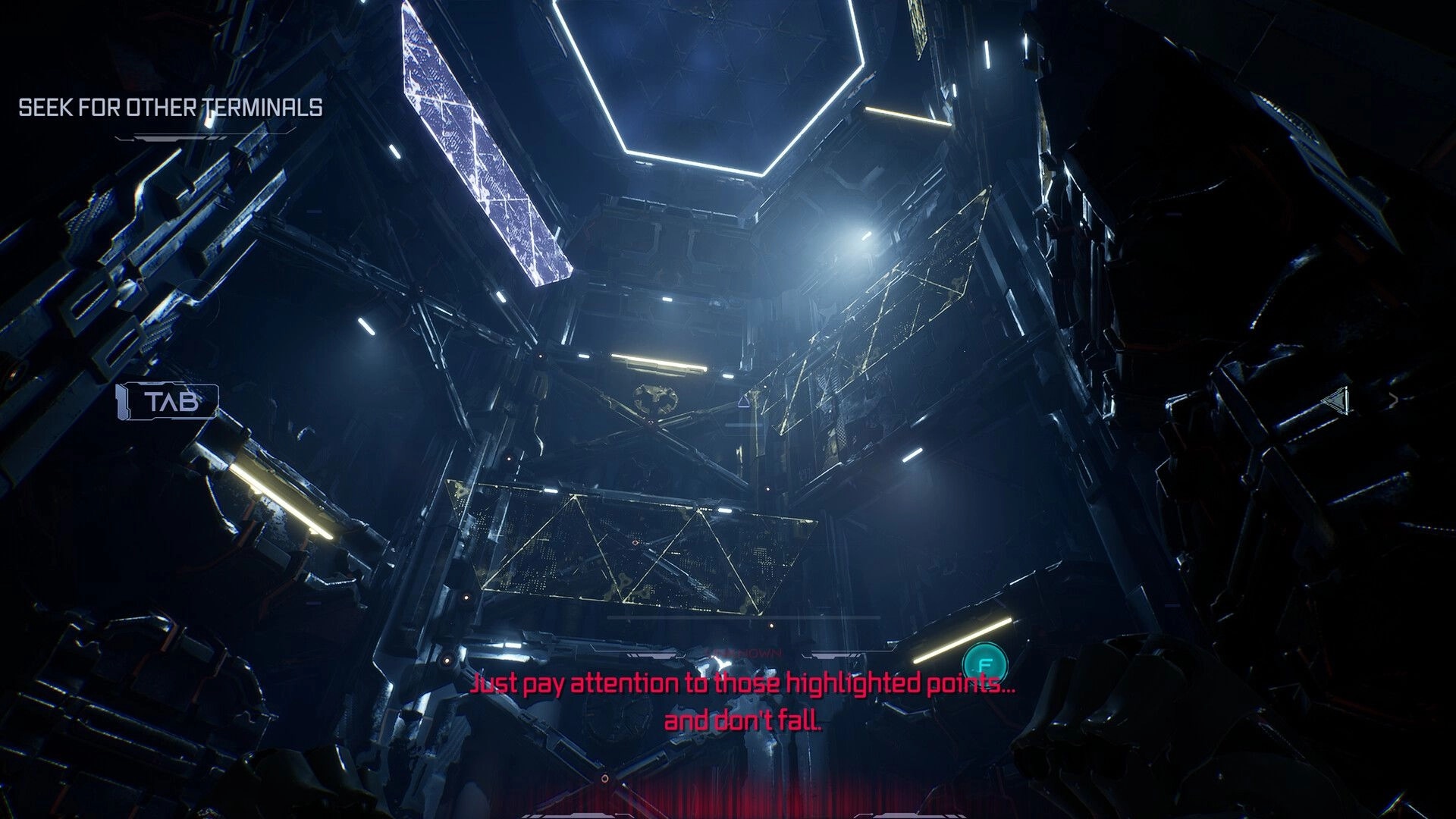 XELVITA: Objective "Seek for other terminals" over lit sci-fi shaft with highlighted platforms and TAB prompt.