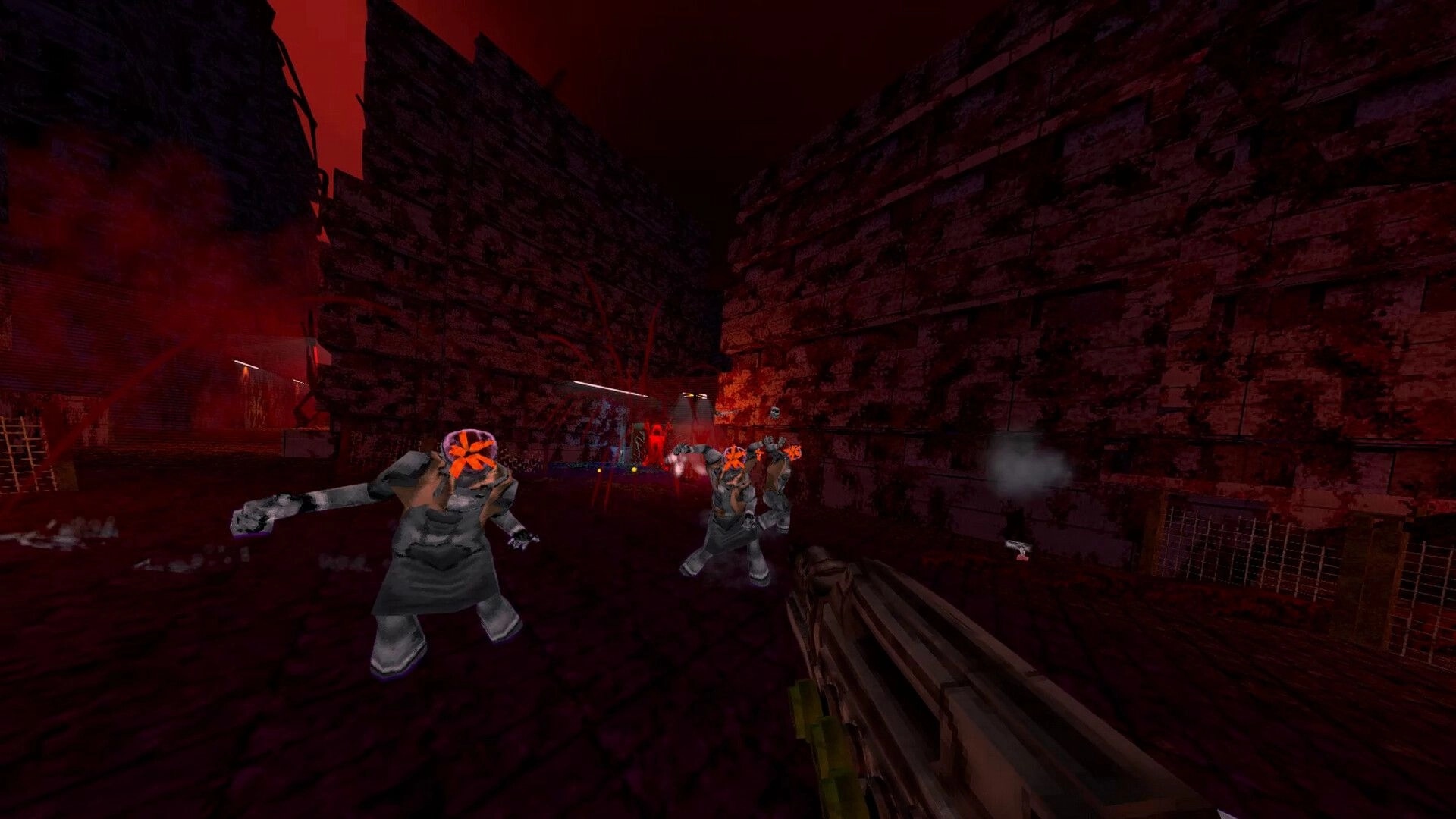 XENO DEAD: Player aims at approaching aliens in a dark alley with red-lit atmosphere