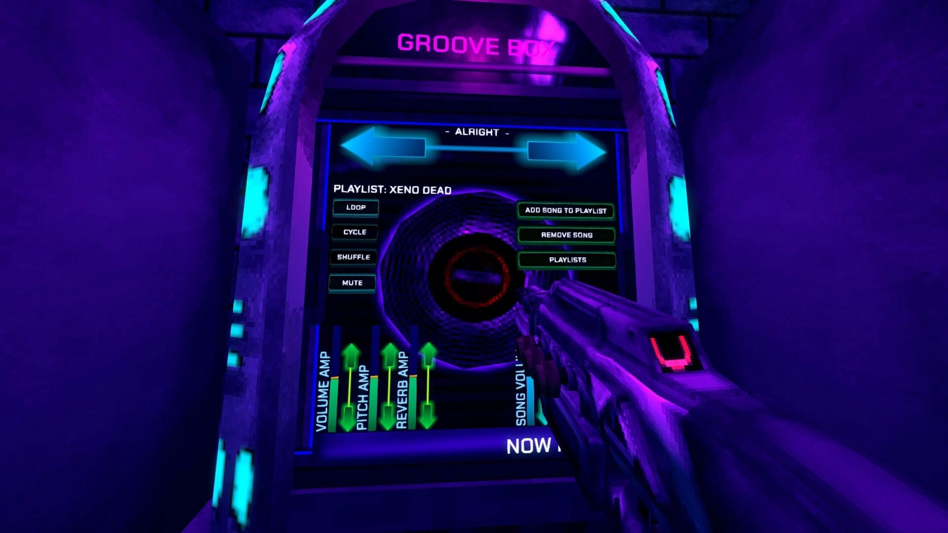 XENO DEAD: Player aims gun at neon-lit jukebox interface displaying playlist and audio settings in arcade.