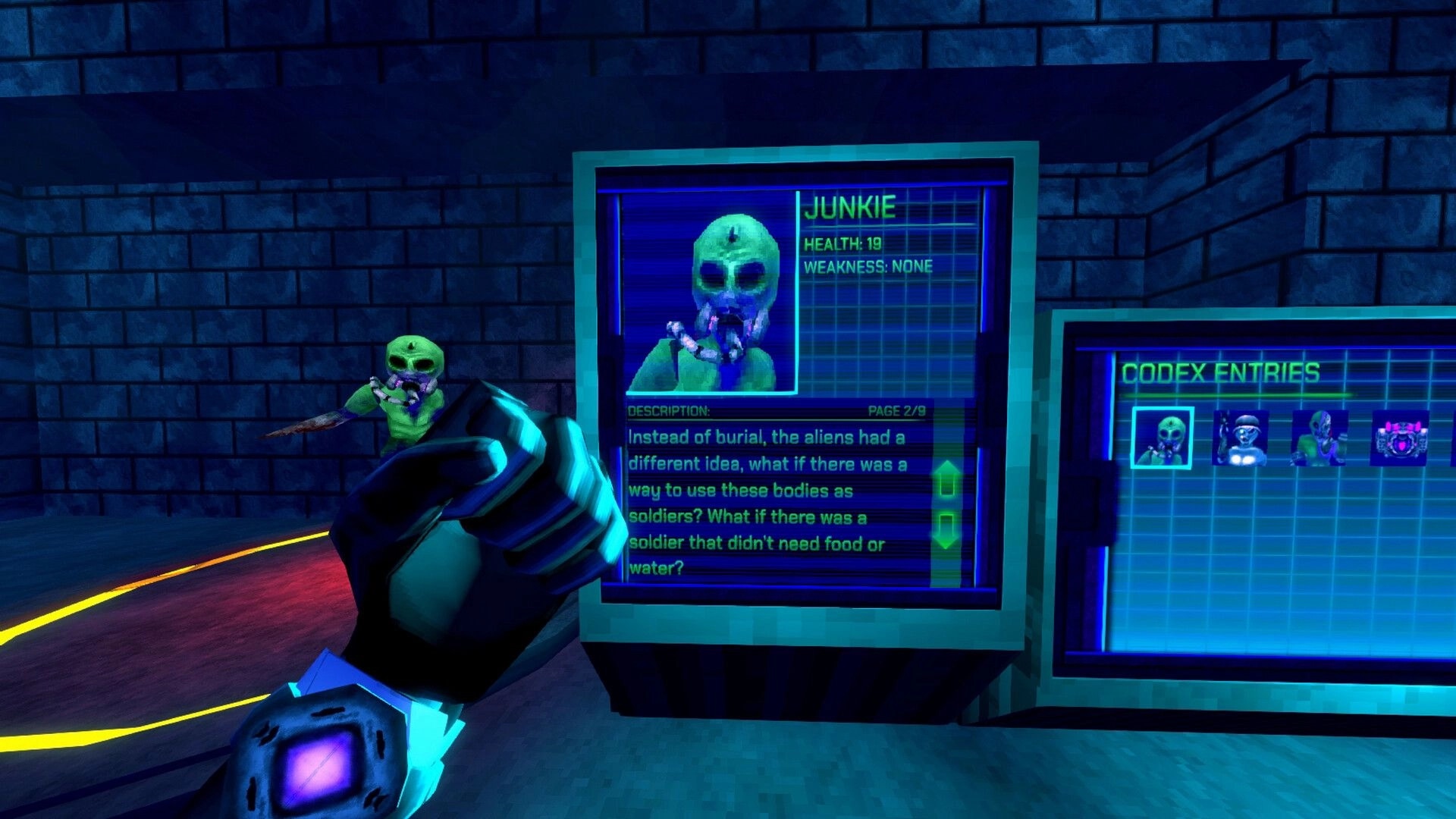 XENO DEAD: Alien codex entry displayed on screen next to a Junkie enemy in a dimly lit stone room.
