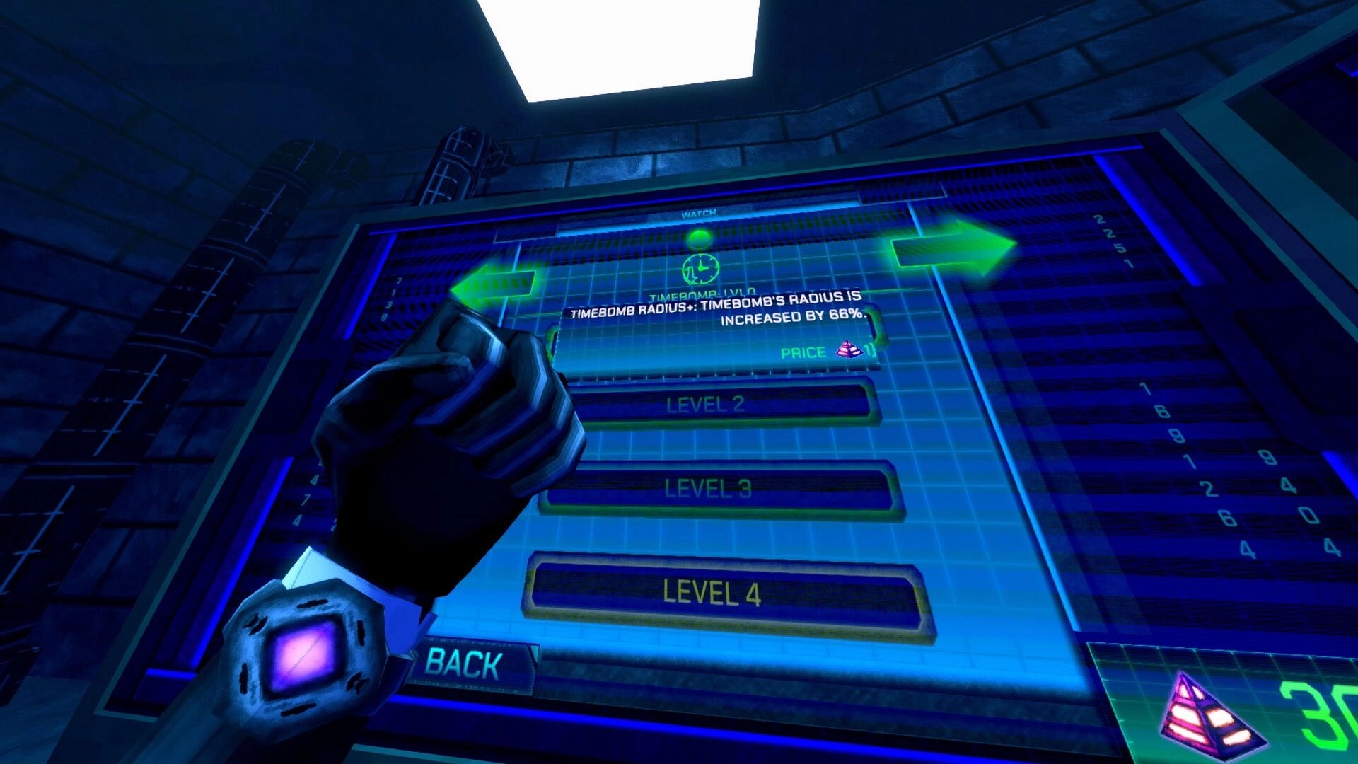 XENO DEAD: Player interacts with upgrade menu for timebomb radius in a futuristic control room.