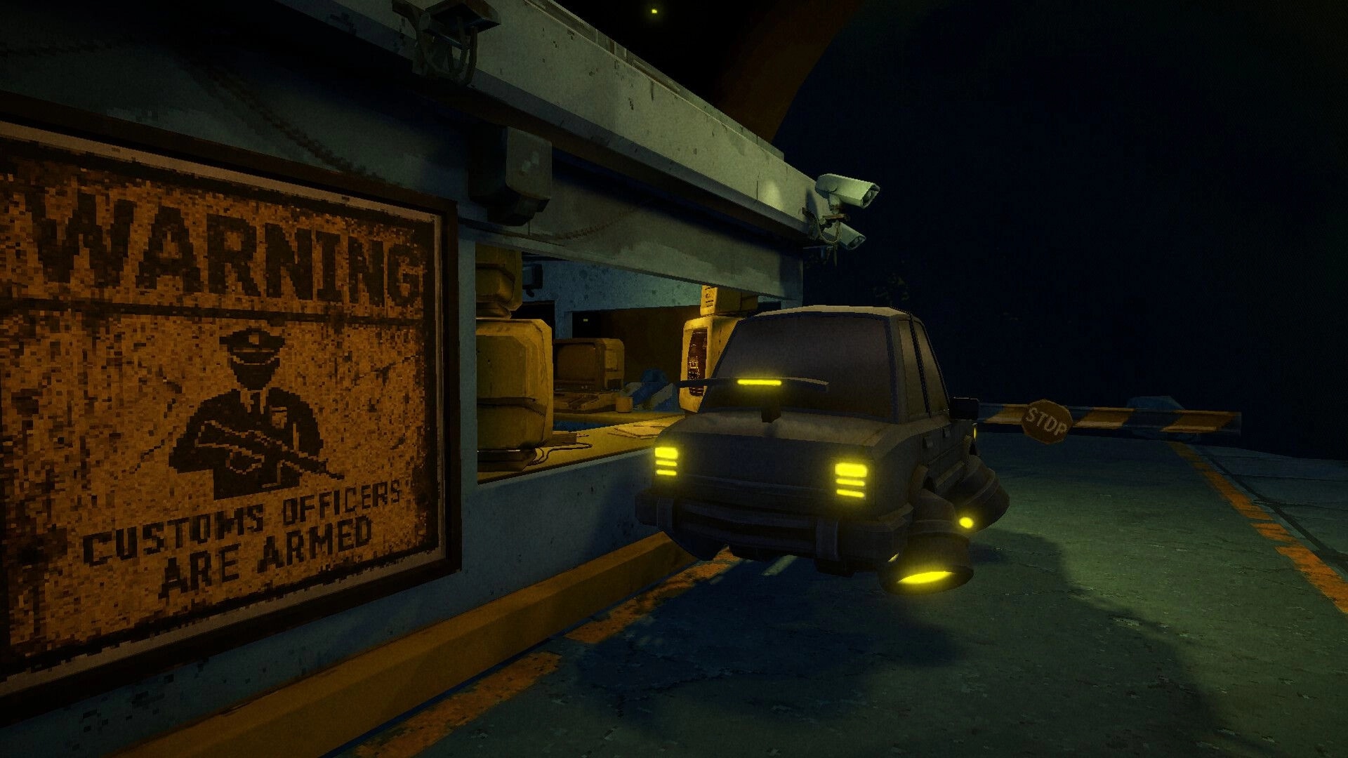 XenoFeels: Hover car at checkpoint booth beside warning sign, night spaceport lane with stop barrier.
