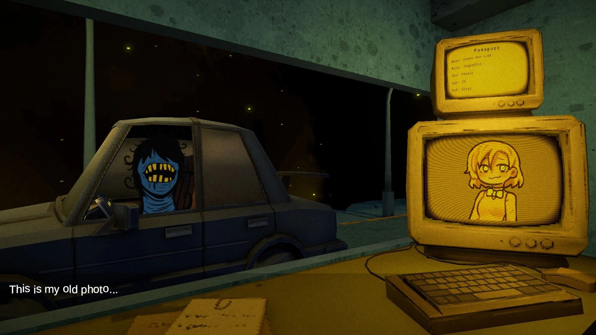 XenoFeels: Alien driver at checkpoint as CRT monitors show passport text and ID sketch in booth.