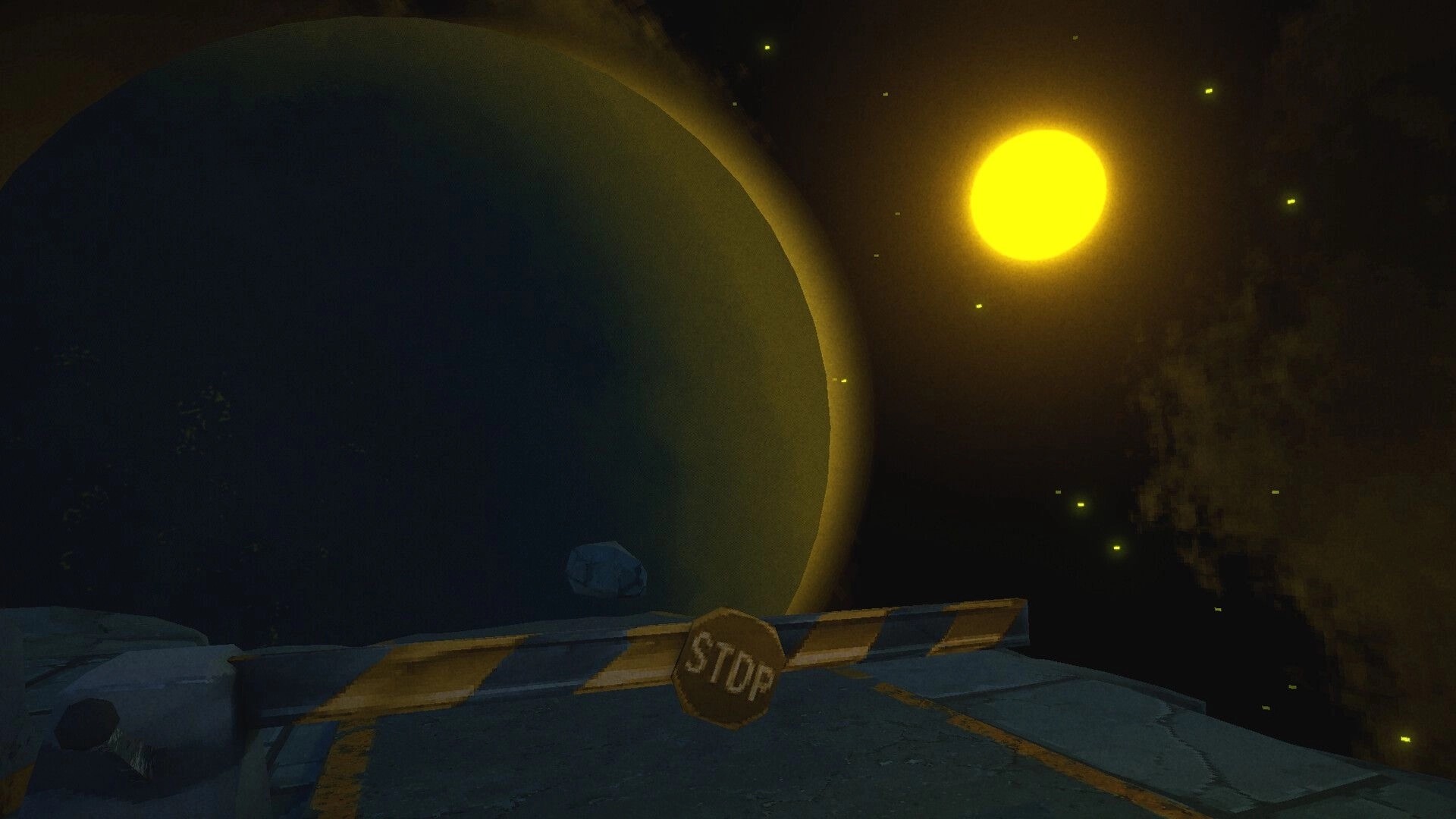 XenoFeels: Stop barrier on asteroid landing pad with huge planet and bright sun in starry space sky.