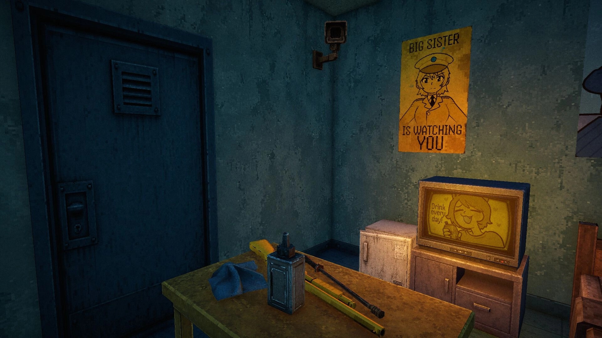 XenoFeels: Security camera over a desk with shotgun and radio in a grimy customs office room.