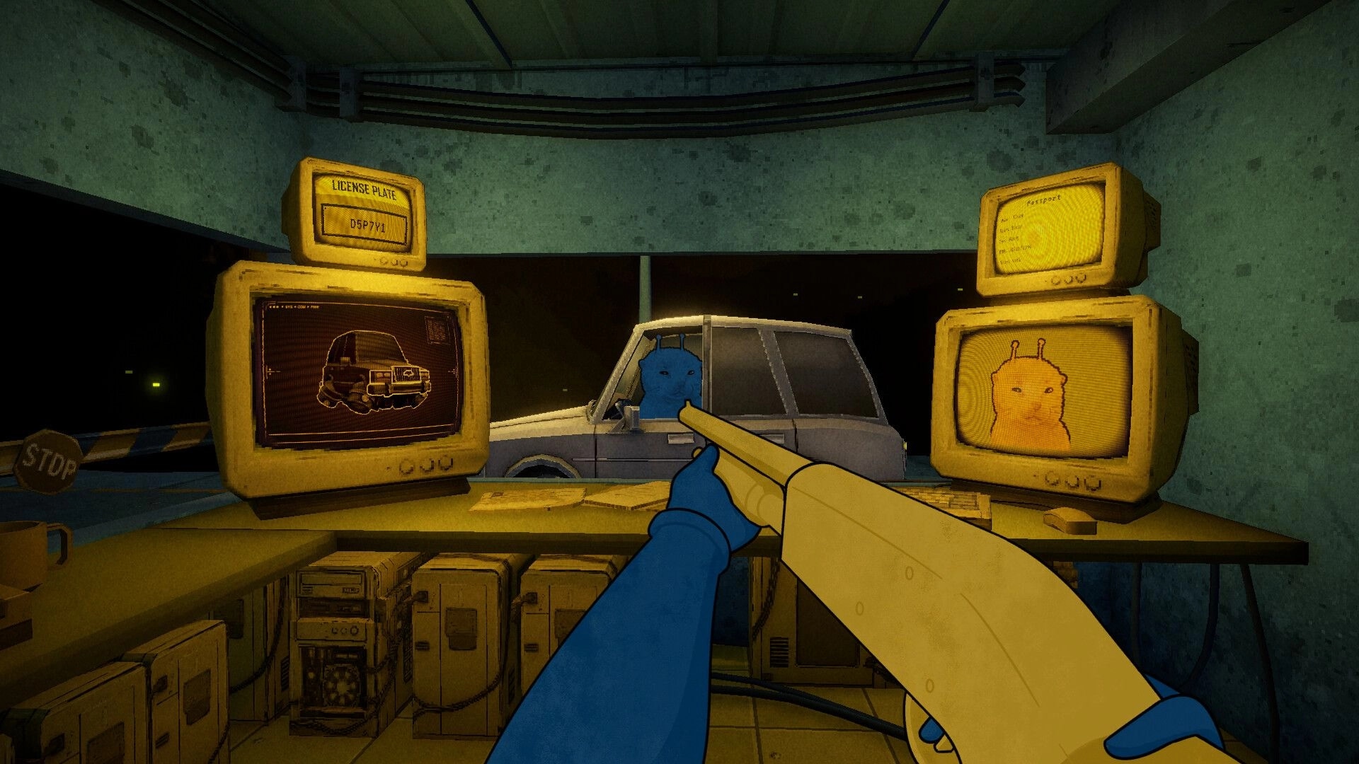 XenoFeels: Shotgun aimed at blue alien in car, customs booth monitors show plate and portrait scan.