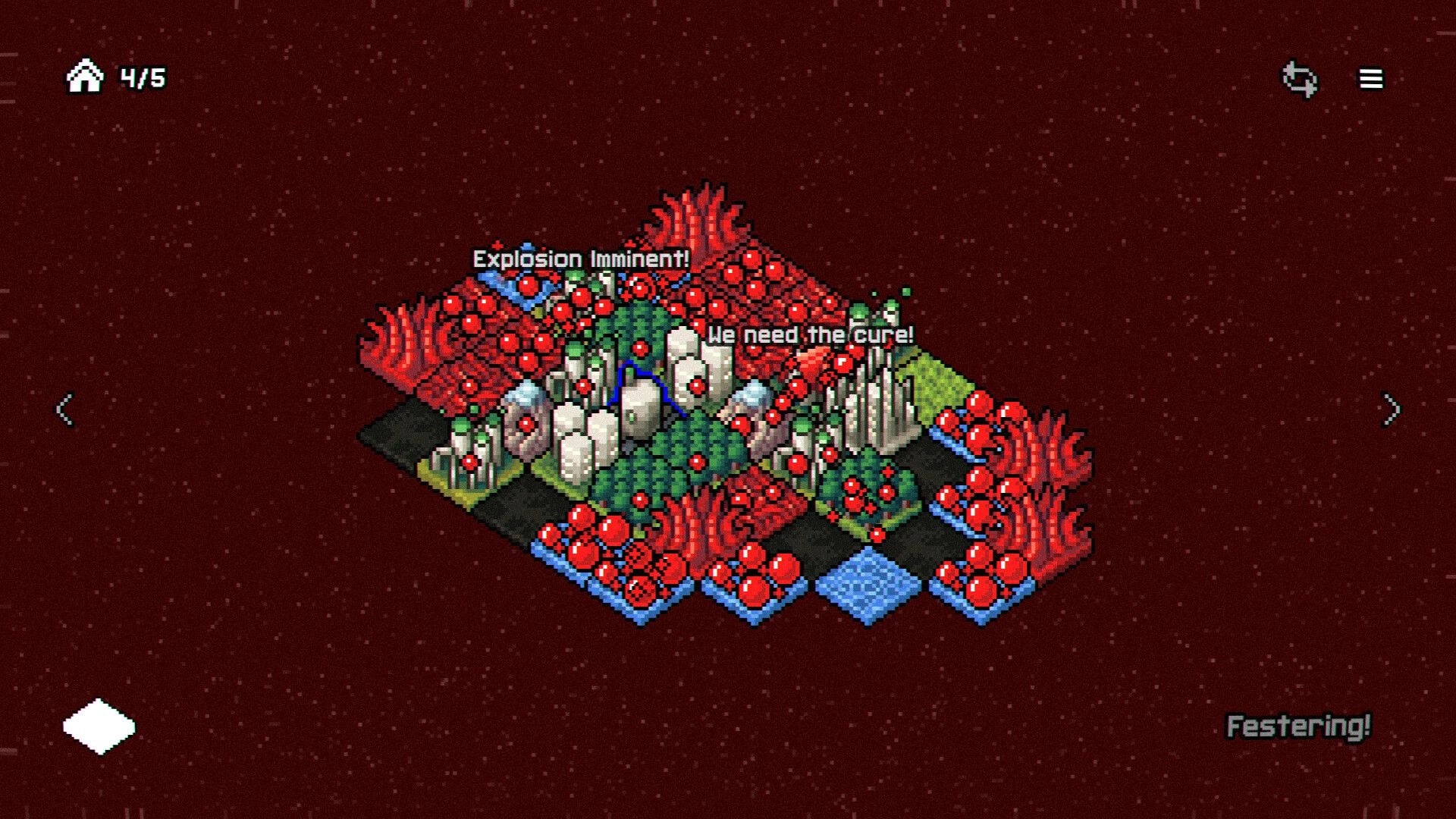 Xenospore: Isometric grid with alien fungus spreading, alerts "Explosion Imminent!" and "We need the cure!"