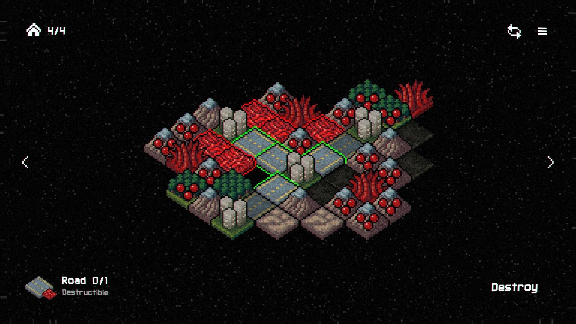 Xenospore: Isometric grid with alien fungus spreading, roads and destructible tiles highlighted in space.