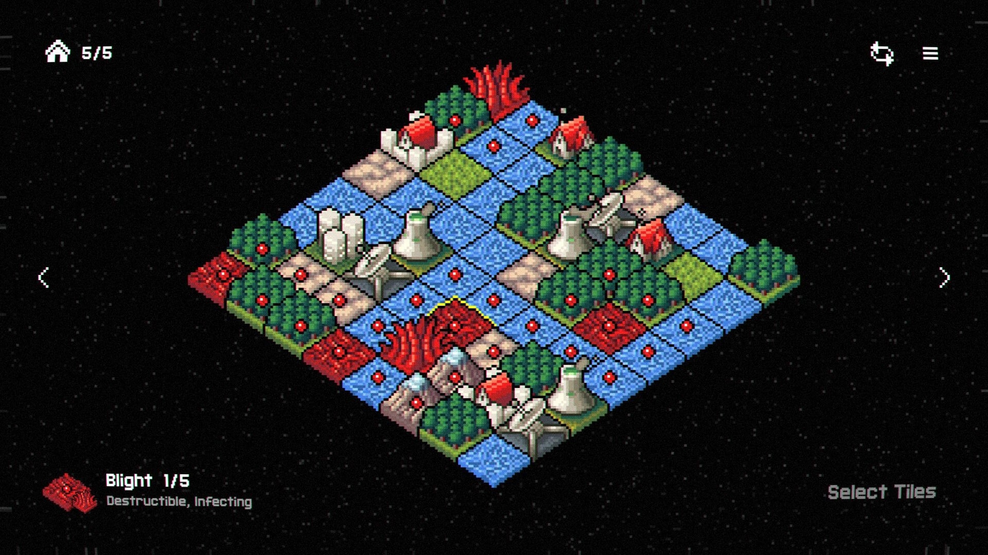 Xenospore: Isometric grid with red blight tiles, forests, and buildings in space-themed environment