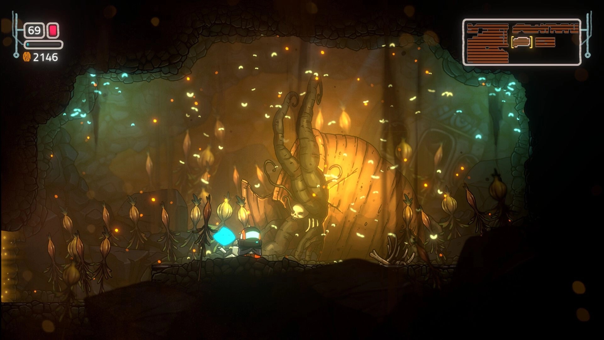 Xplorite: Sy exploring glowing cave with mysterious plants and ancient skull in dimly lit environment