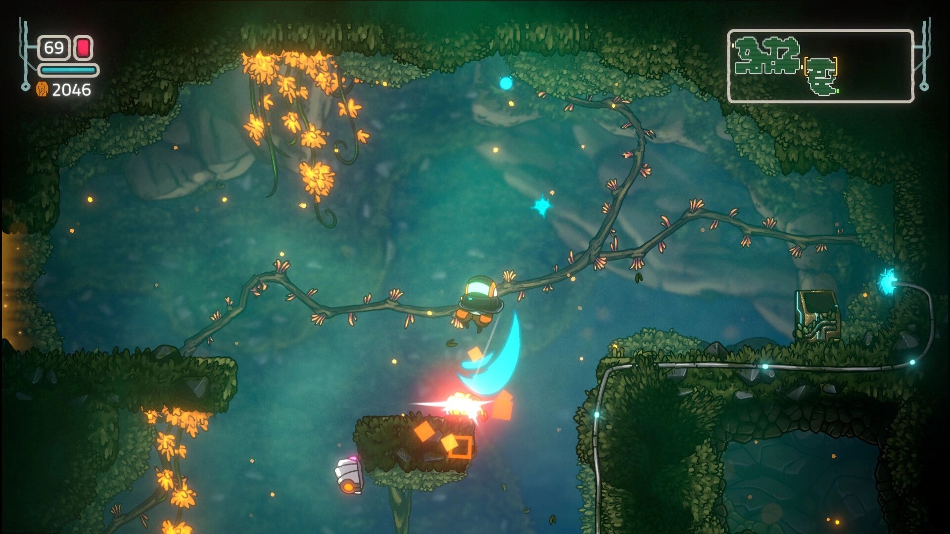 Xplorite: Sy swings on vines in a glowing cavern, fighting enemies and collecting items with map visible.