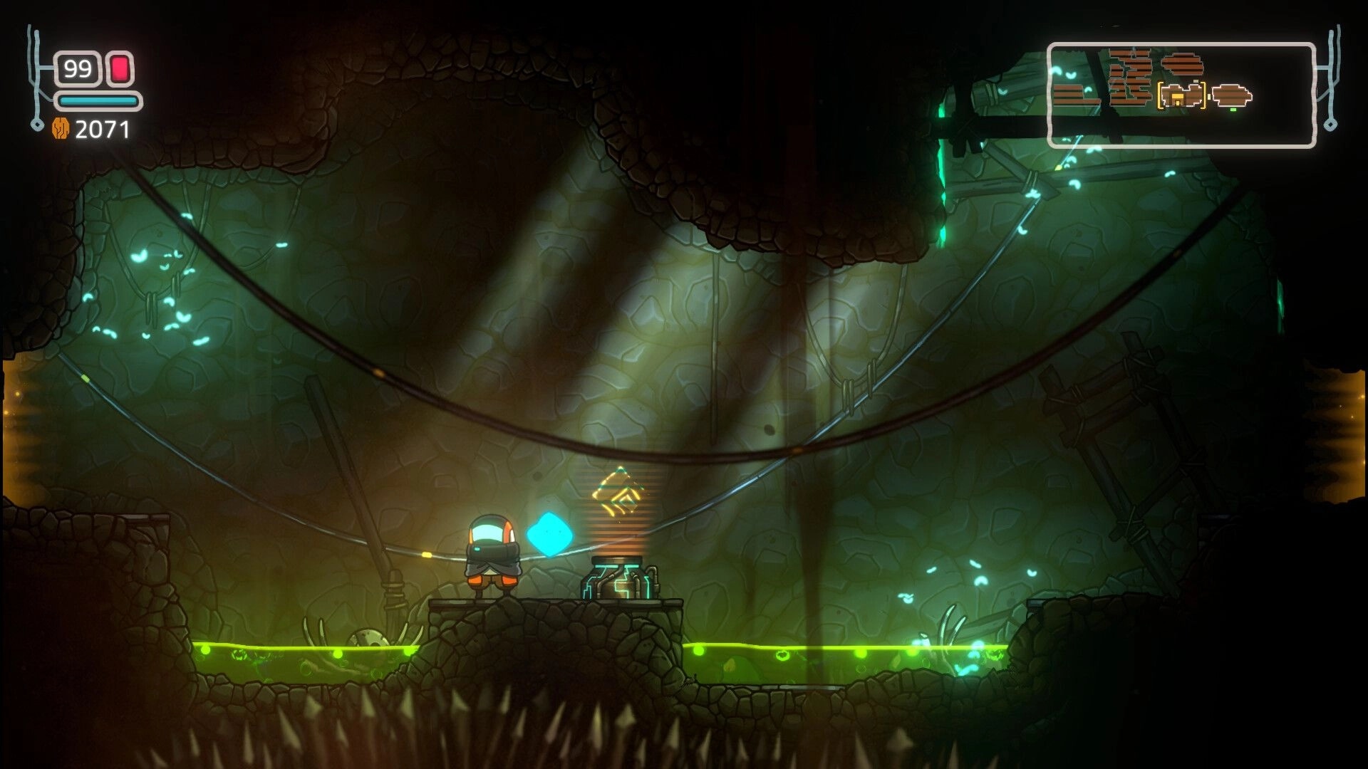 Xplorite: Sy stands on rocky platform in dim cave, glowing green liquid below and health HUD visible
