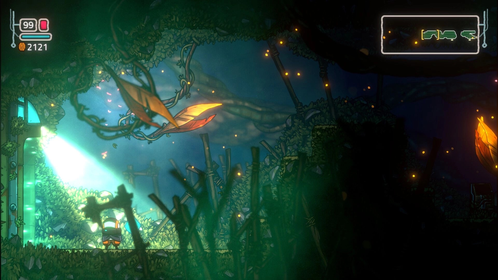 Xplorite: Sy explores a lush, overgrown cavern with glowing flora and mysterious light beams.