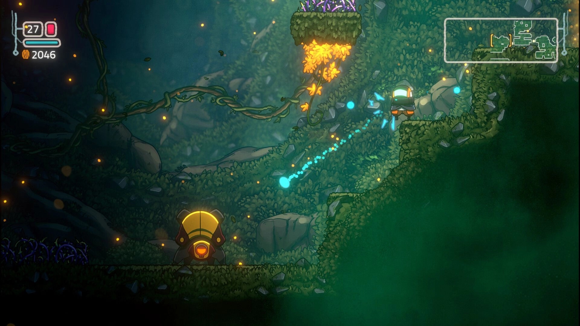 Xplorite: Sy battling a robotic enemy in a lush, plant-filled cave with a map overlay and health bar