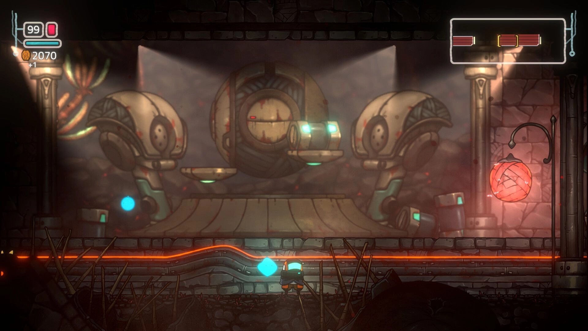 Xplorite: Sy exploring a mechanical chamber with glowing orbs and UI displaying health and energy