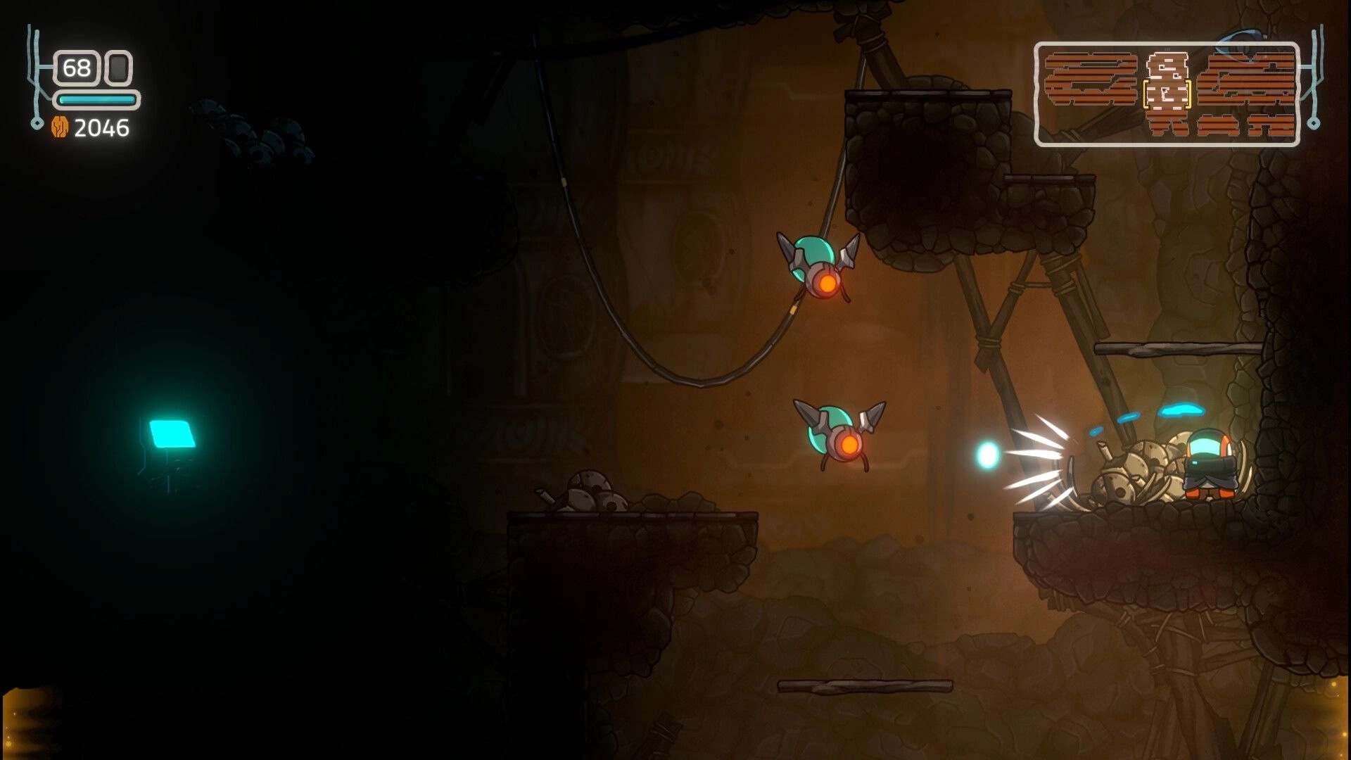 Xplorite: Sy battles enemies in a dimly lit cave with floating drones and rocky platforms