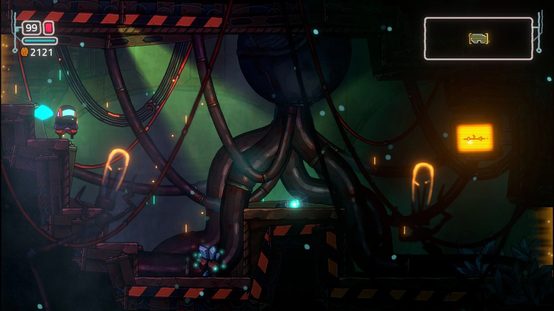 Xplorite: Sy exploring industrial area with pipes and neon signs, HUD shows health and currency