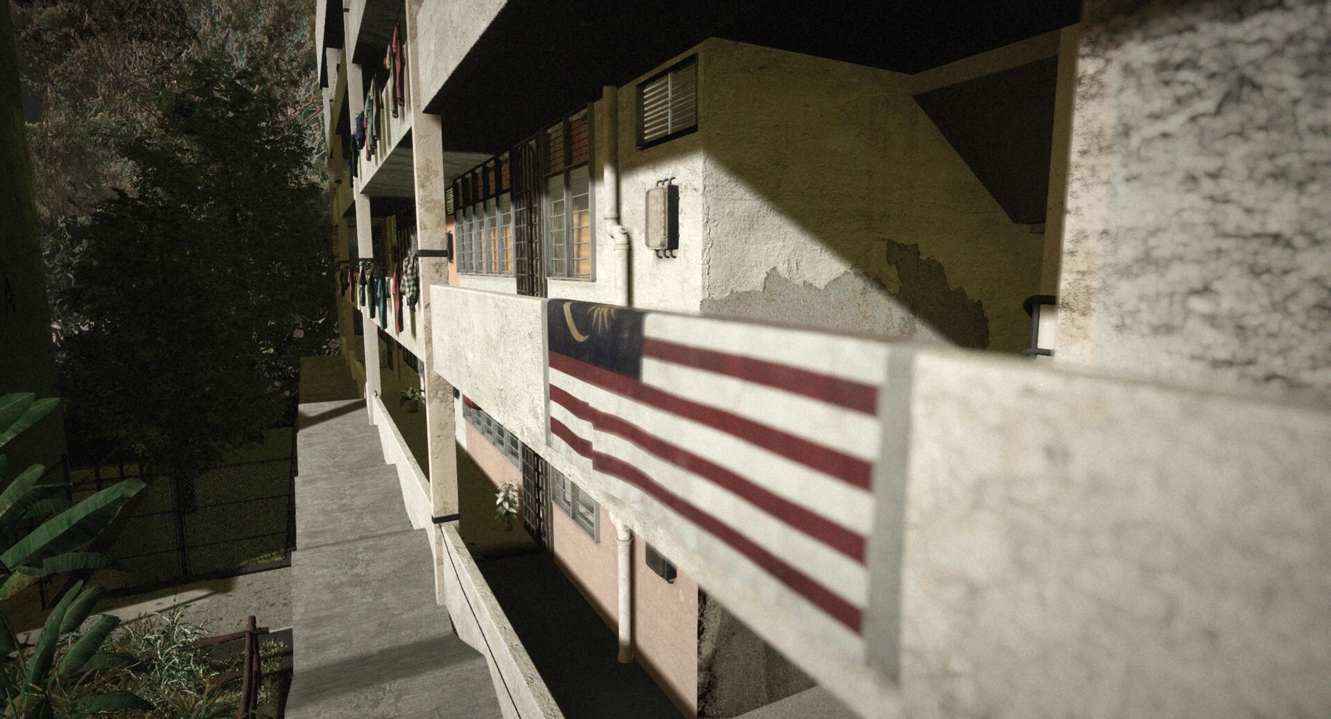 Yan魇: Apartment exterior with Malaysian flag in shadowy alley, clothes hanging from balconies