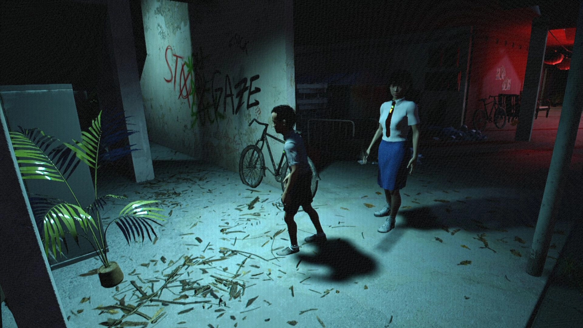Yan魇: Wan siblings explore graffiti-covered hallway with dim lighting and scattered debris