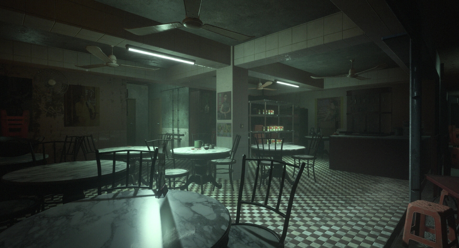 Yan魇: Eerie abandoned diner with checkered floor and dim fluorescent lighting