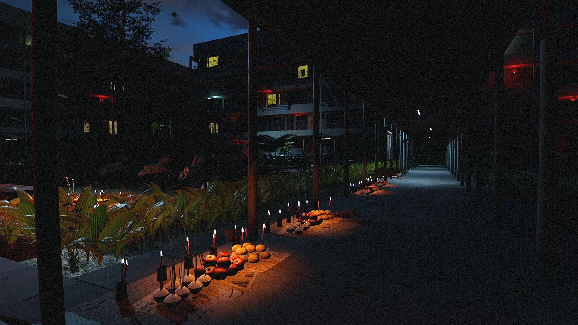 Yan魇: Candlelit path through a dark courtyard with offerings and distant lit windows in the night.