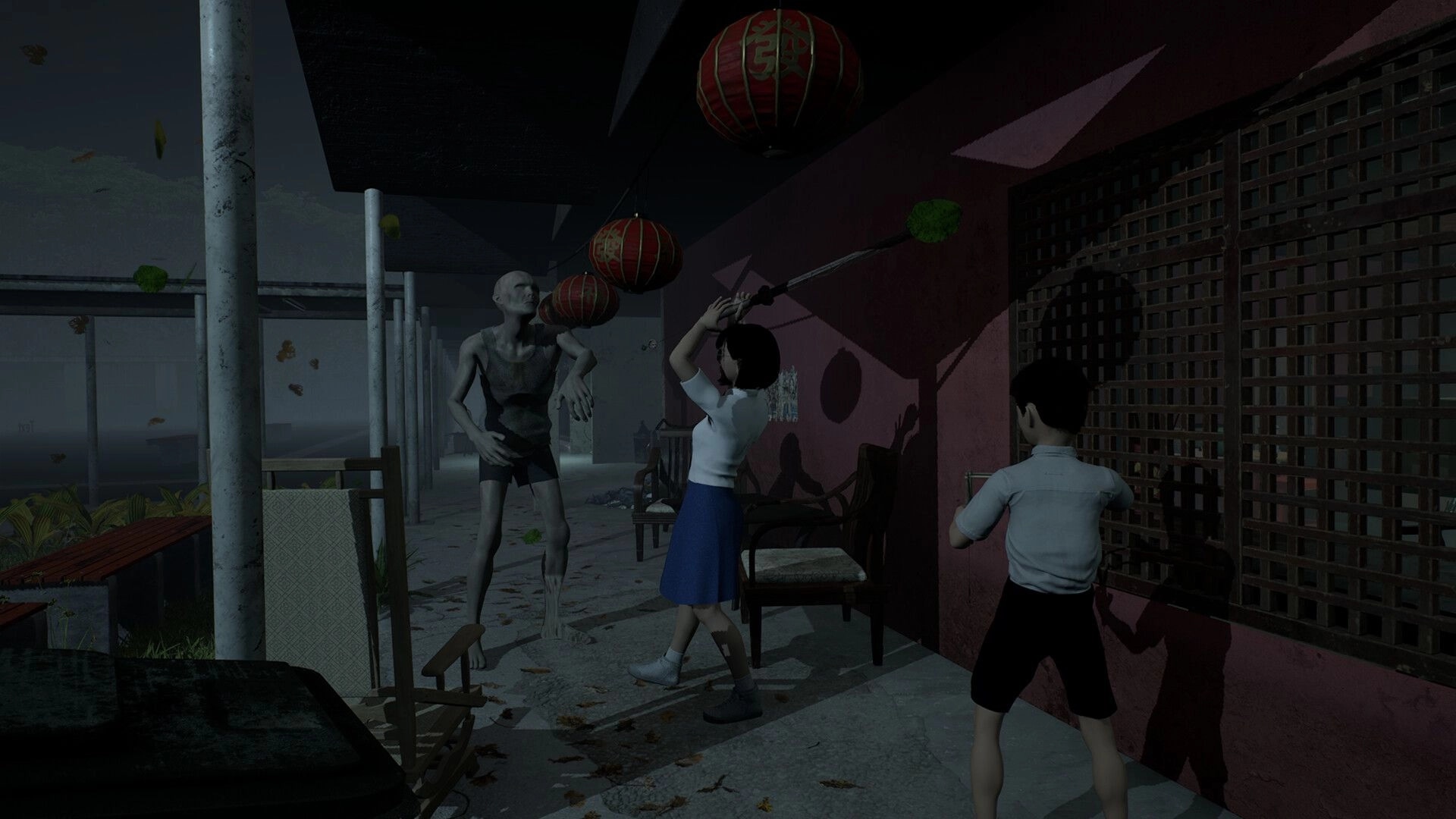 Yan魇: Wan siblings confront a ghostly figure under red lanterns in a shadowy outdoor corridor.