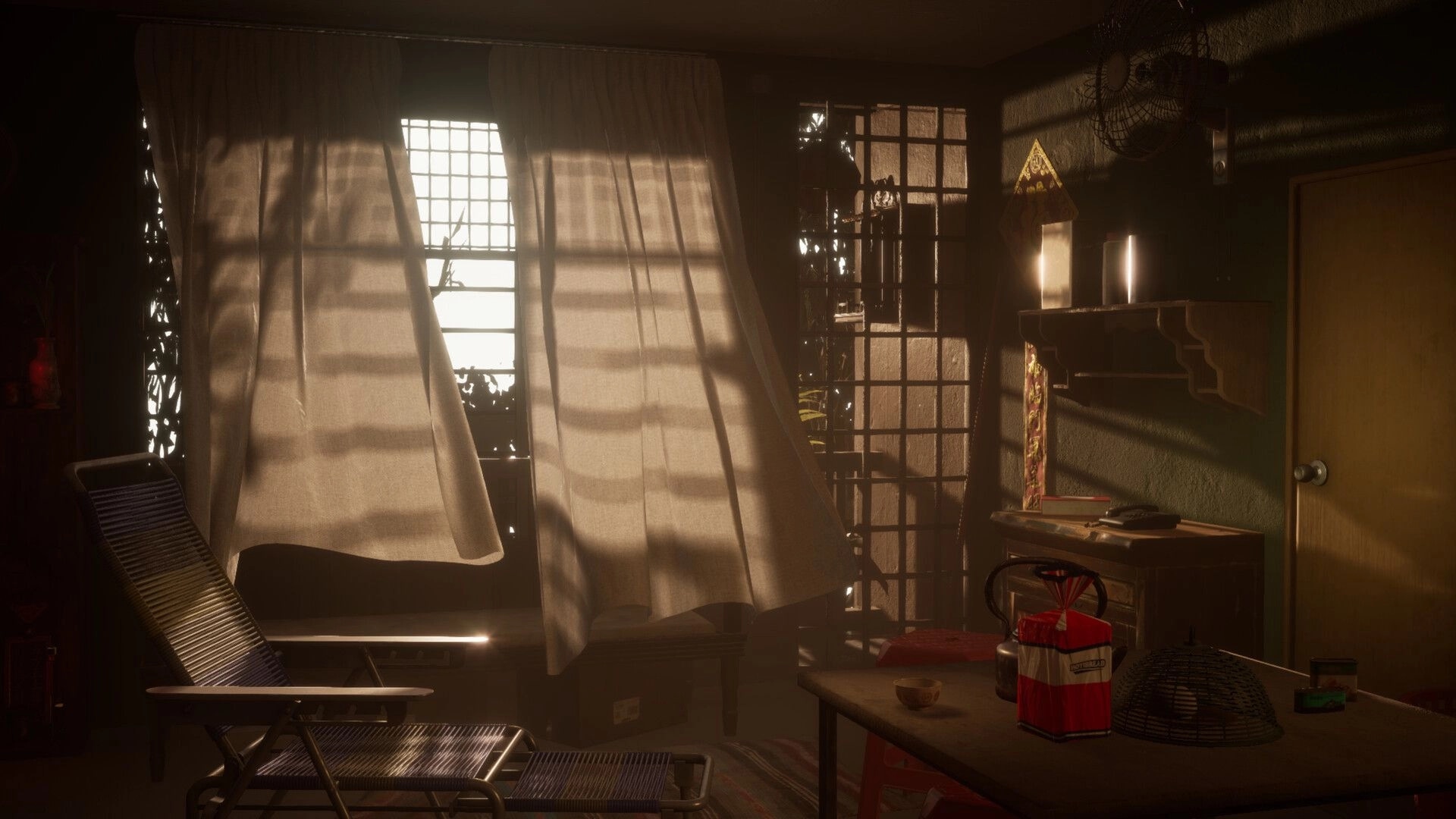 Yan魇: Sunlit room with swaying curtains, cluttered table, and dimly lit wooden furniture