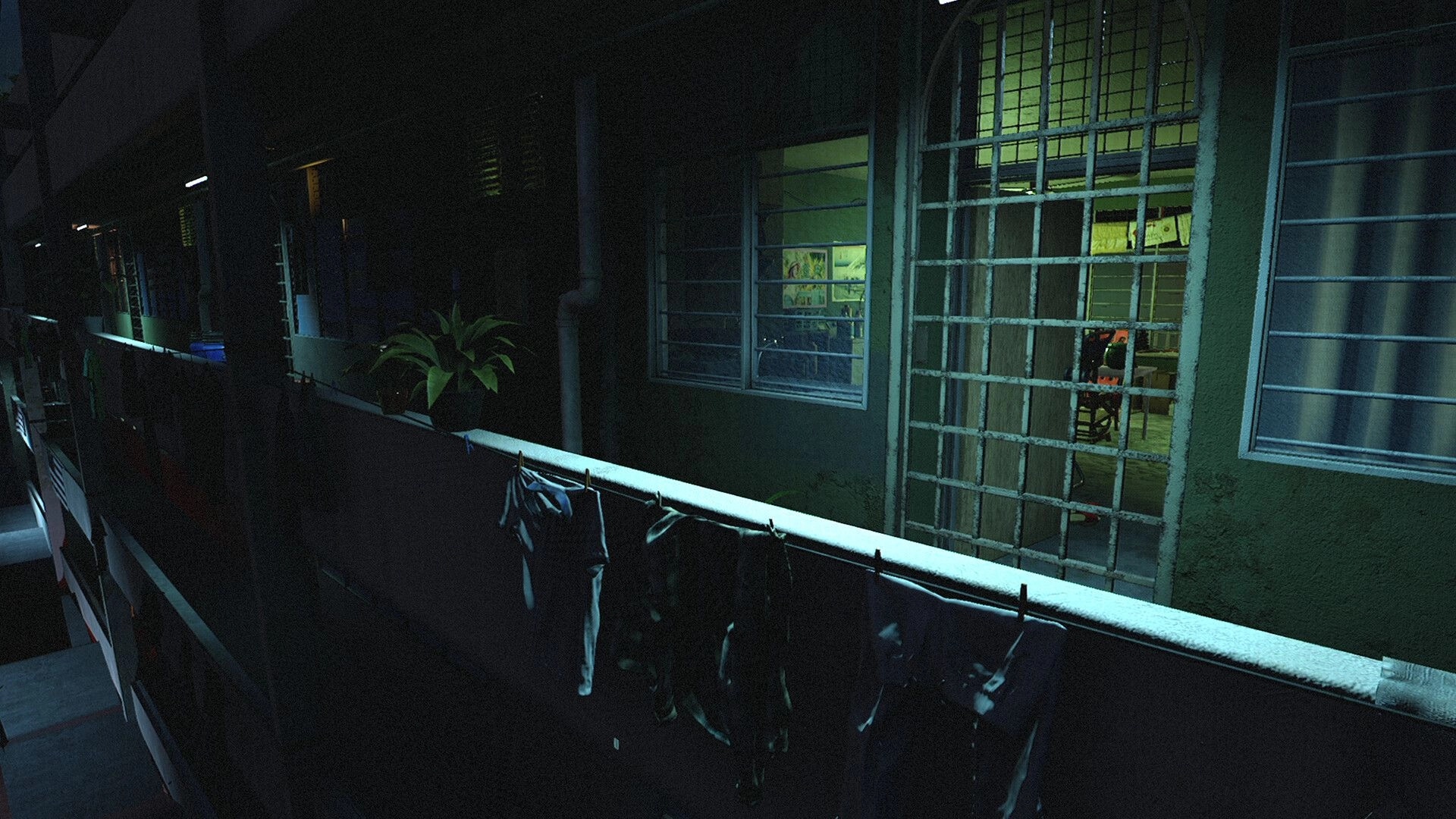 Yan魇: Dimly lit apartment corridor with barred windows and clothes hanging on a line outside.