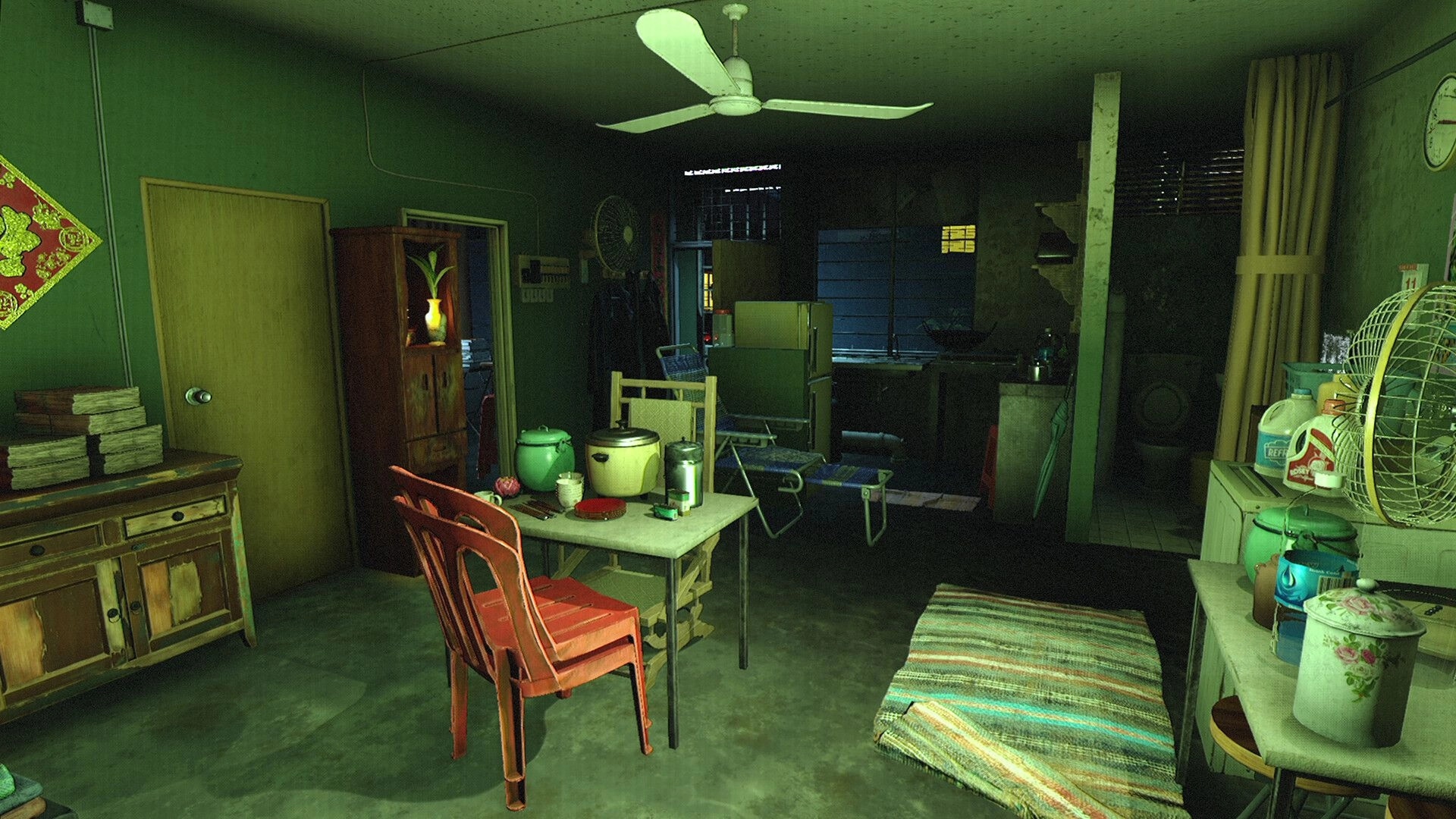 Yan魇: Cluttered kitchen and living area with vintage decor and scattered household items