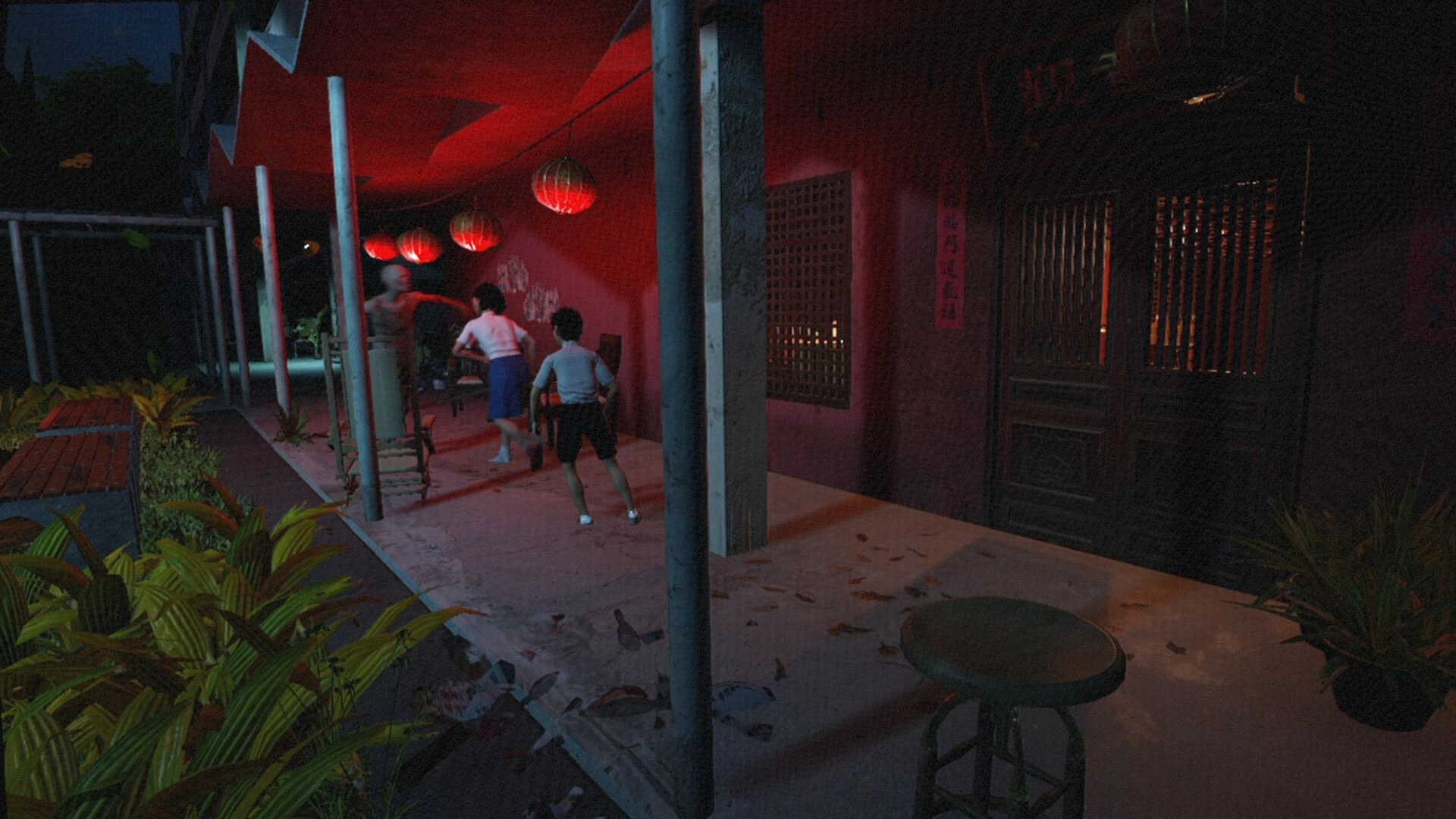Yan魇: Characters run through dimly lit corridor with red lanterns, surrounded by plants and shadows.