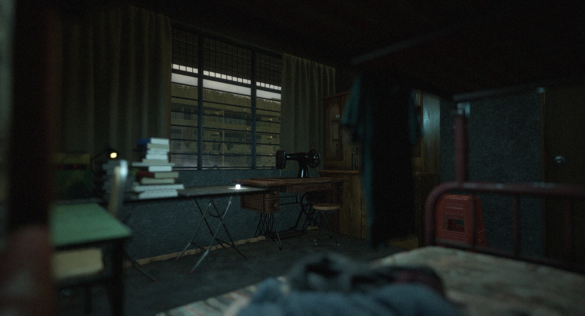 Yan魇: Dimly lit bedroom with sewing machine, stack of books, and barred window at night.