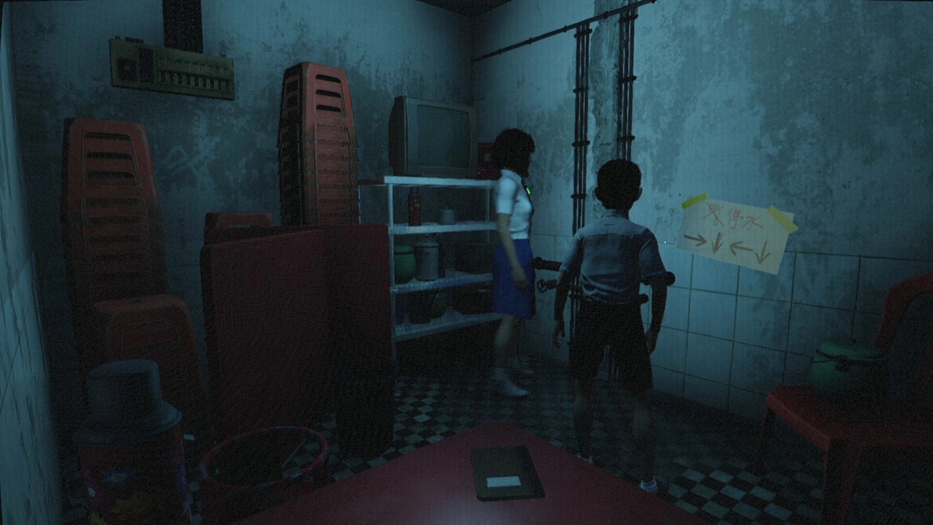 Yan魇: Wan Siblings explore a dim storage room with shelves and a wall note in the haunted house.
