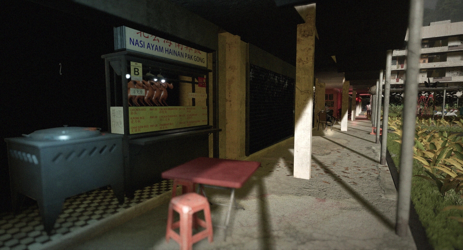 Yan魇: Street food stall with nasi ayam sign, adjacent to dimly lit corridor and garden area