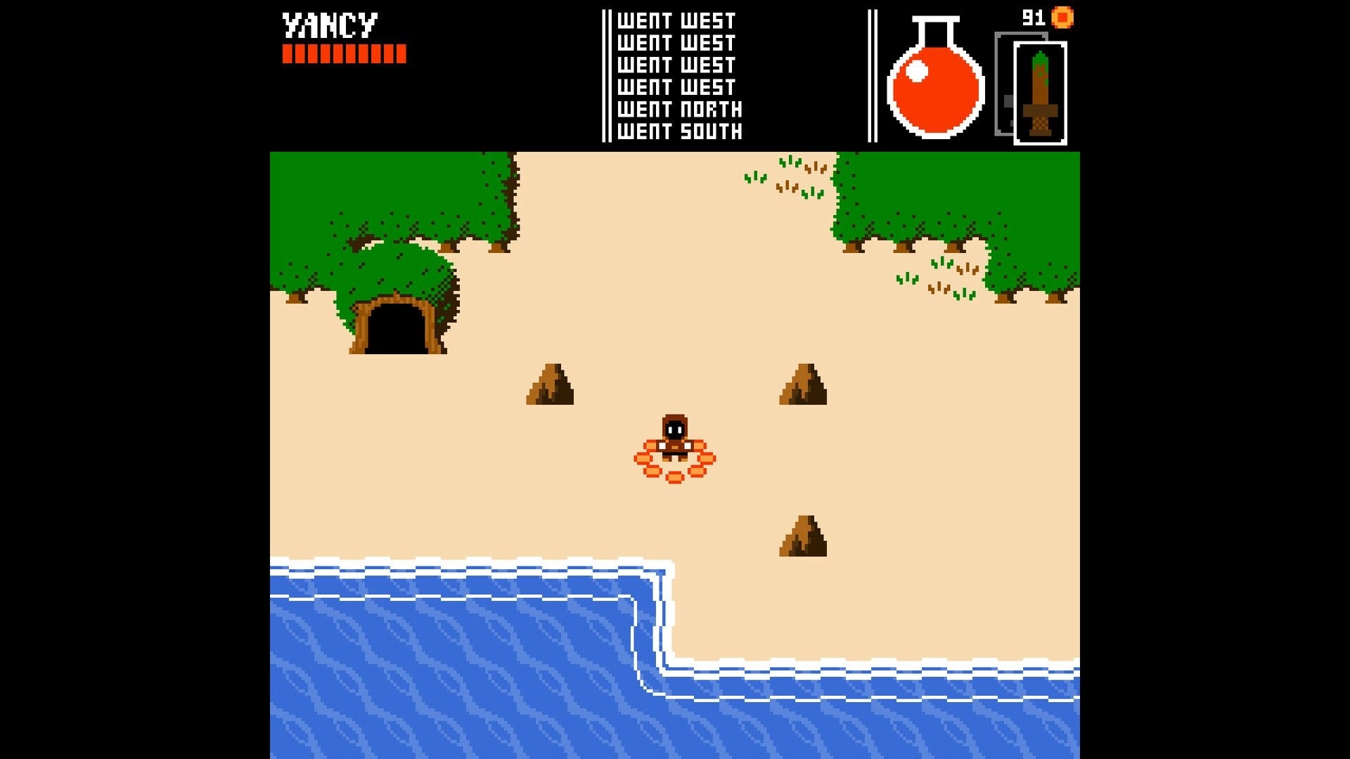 YANCY: Hero stands on sandy shore near cave entrance, HUD shows potion, sword, and 91 coins.