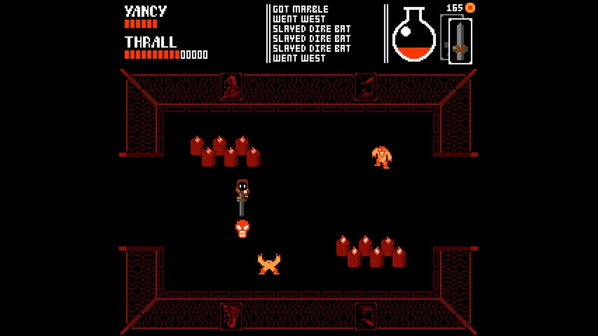 YANCY: Hero stands by a sword and torch in a dark dungeon room with candle clusters and HUD stats.